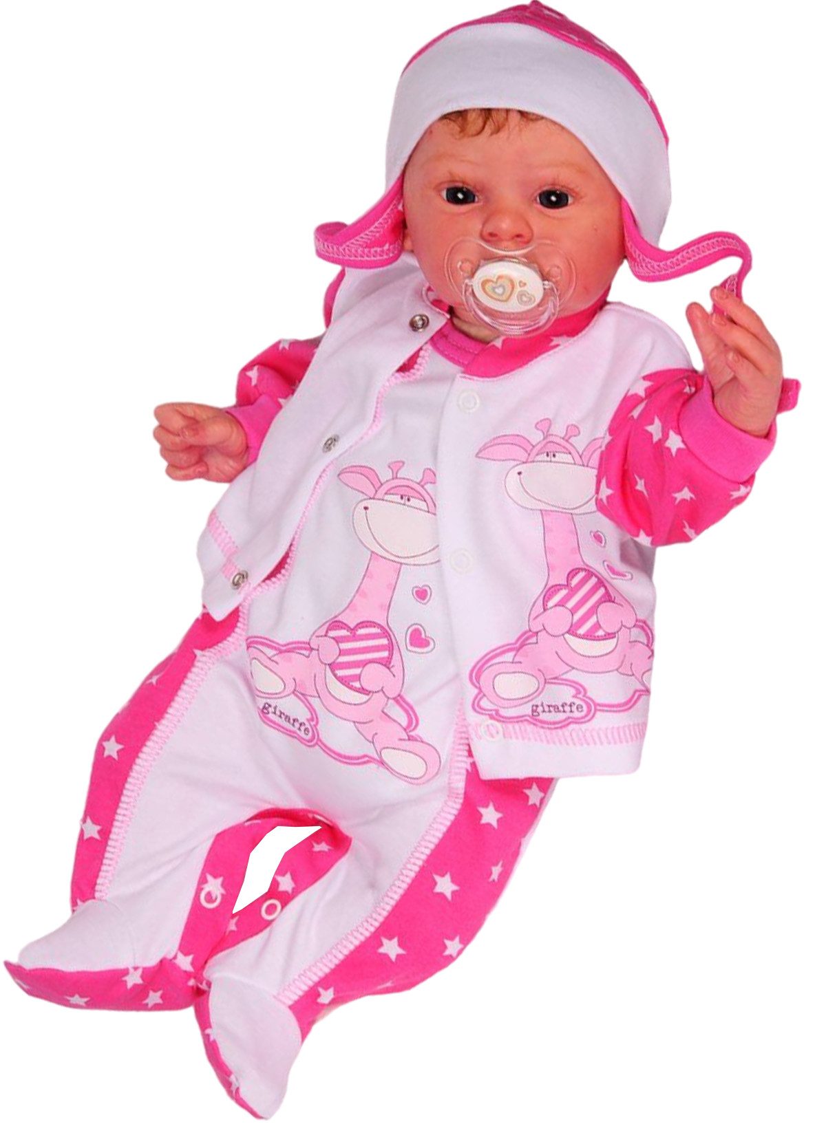 La Bortini Strampler Baby Stramplerhose Hemdchen und Mütze in Pink mit Sterne und Giraffe aus reiner Baumwolle, 44 50 56 62 68 74