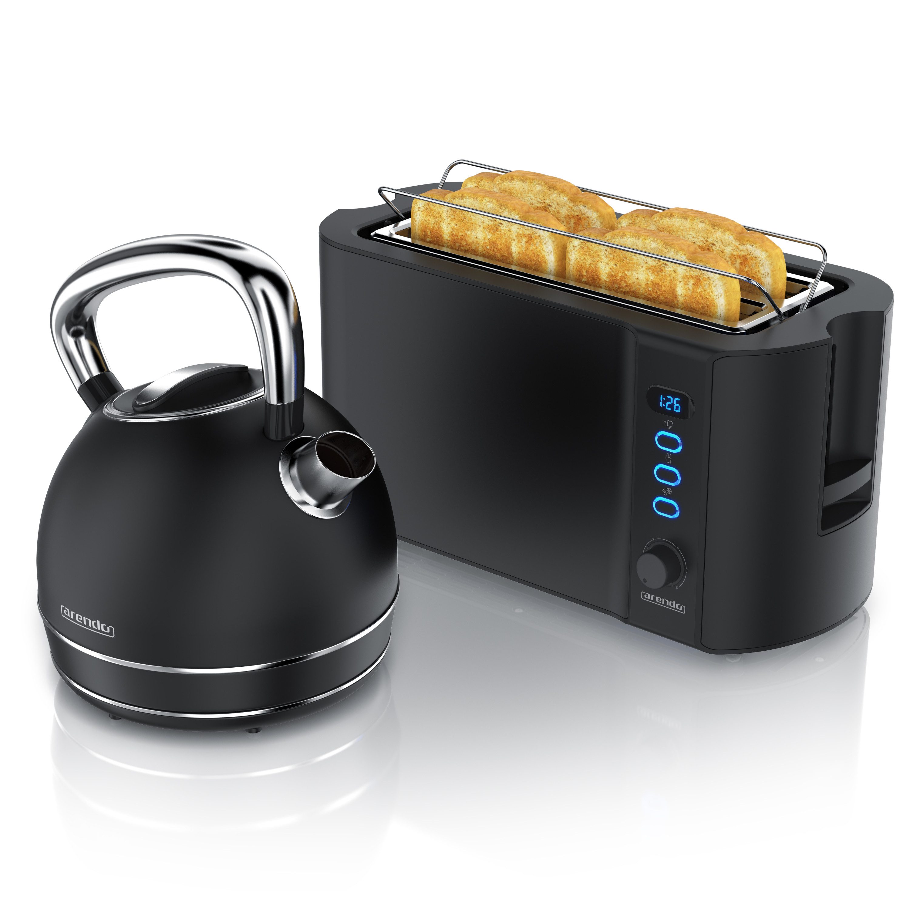 Arendo Frühstücks-Set Edelstahl Wasserkocher 1,7l, 4-Scheiben Langschlitz Toaster, schwarz (2-tlg), Frühstücksset, Wasserkocher Retro, 2200W, Toaster Brötchenaufsatz