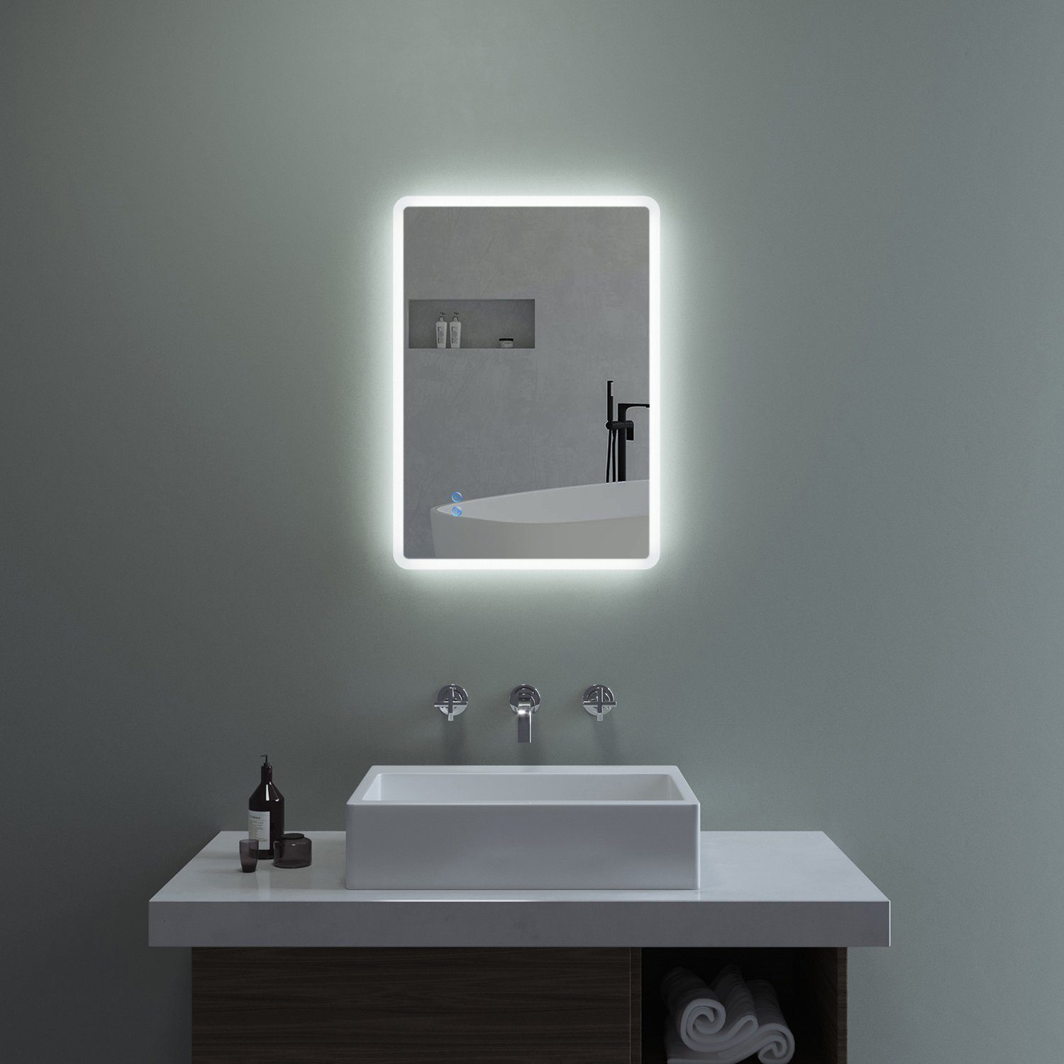 AQUABATOS Badspiegel Badspiegel mit Beleuchtung LED Wandspiegel Lichtspiegel (Badezimmerspiegel beleuchtet), Dimmbar, Kaltweiß 6400K, Touch Schalter, Spiegelheizung