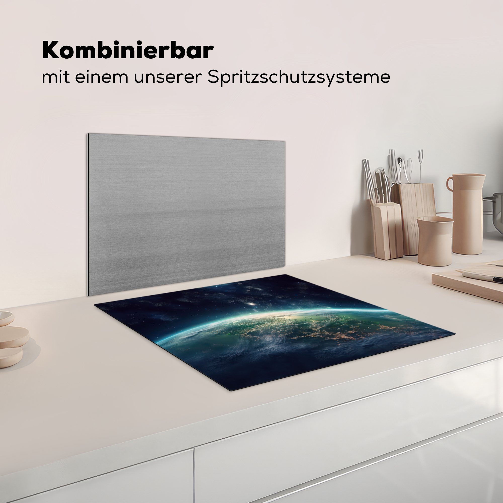 MuchoWow Herdblende-/Abdeckplatte Erde - Weltraum - Ceranfeldabdeckung cm, - nutzbar, Landschaft, tlg), 60x52 Sterne (1 Mobile Arbeitsfläche Vinyl