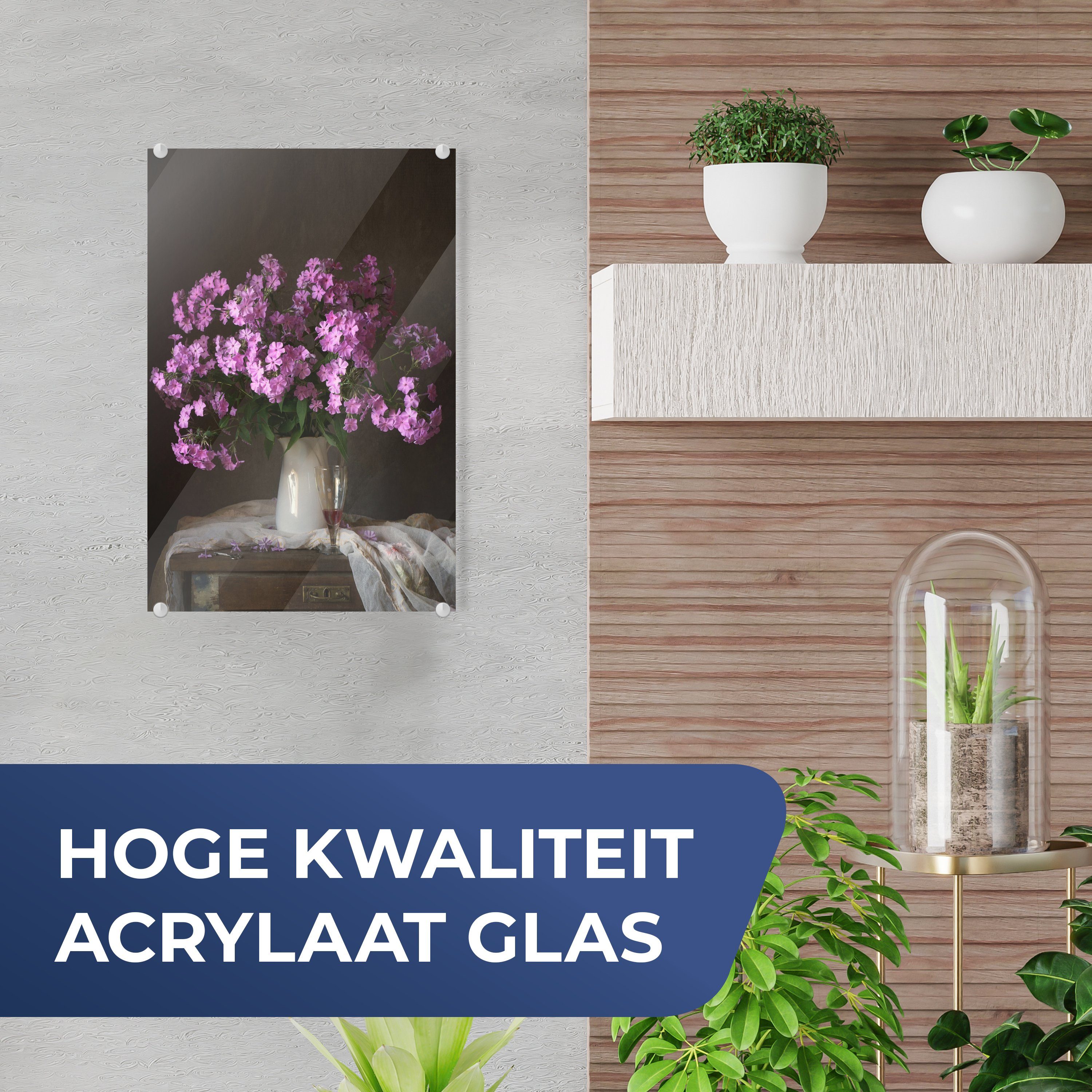 MuchoWow Acrylglasbild Krug - Foto - Blumen auf St), Glas Glas Wandbild auf Glasbilder - Bilder - Rosa, (1 Wanddekoration 