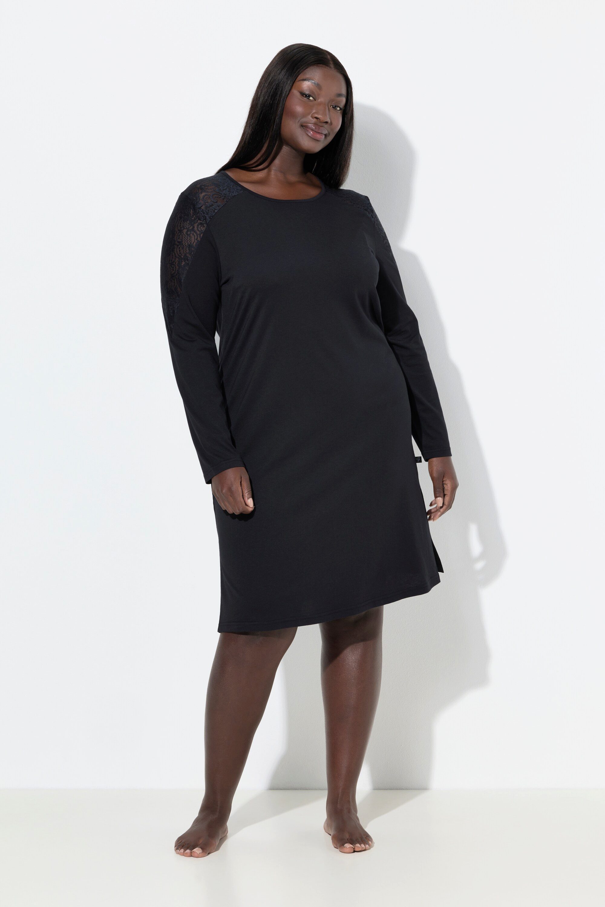 Ulla Popken Bigshirt Nachthemd Spitze Rundhals Langarm Modalmix