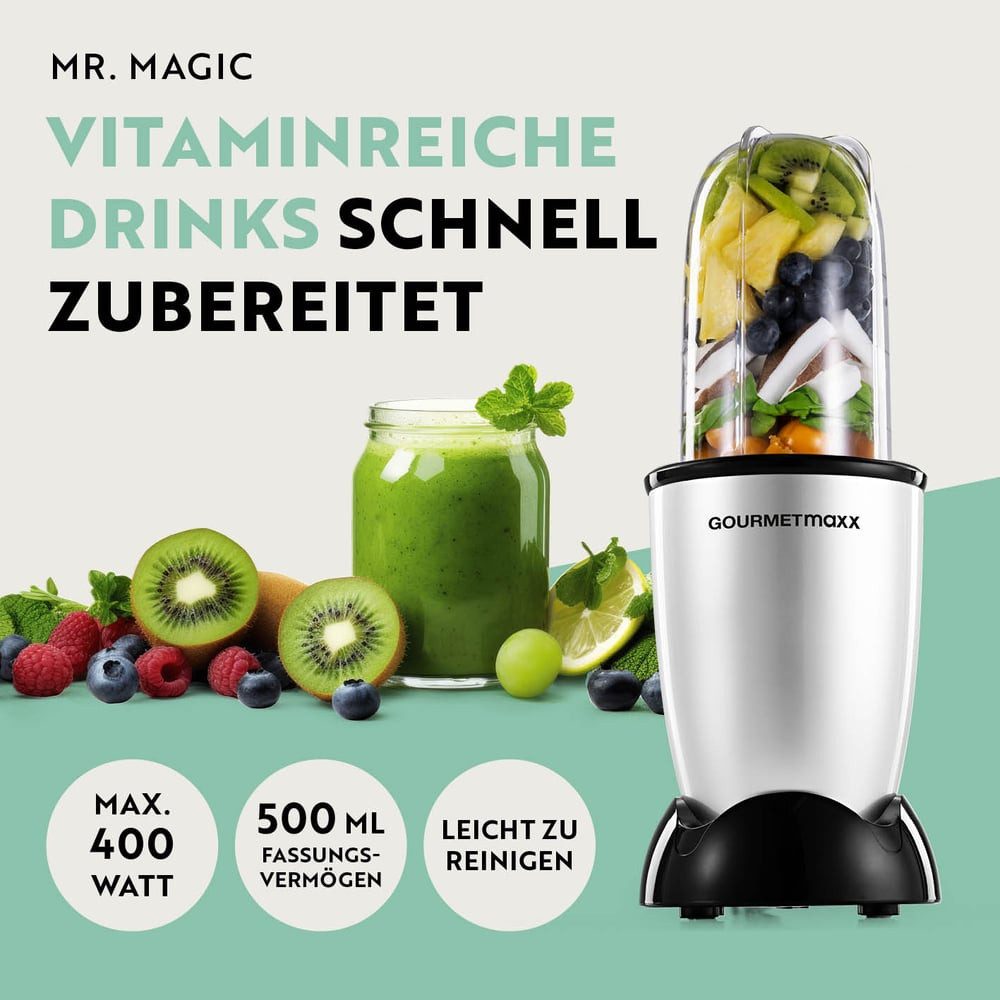 GOURMETmaxx Standmixer Mr. Magic 4-tlg. 400W silber/schwarz, 400 W, Elektrischer Mini-Mixer 500ml pürieren Smoothies Shakes Cocktails
