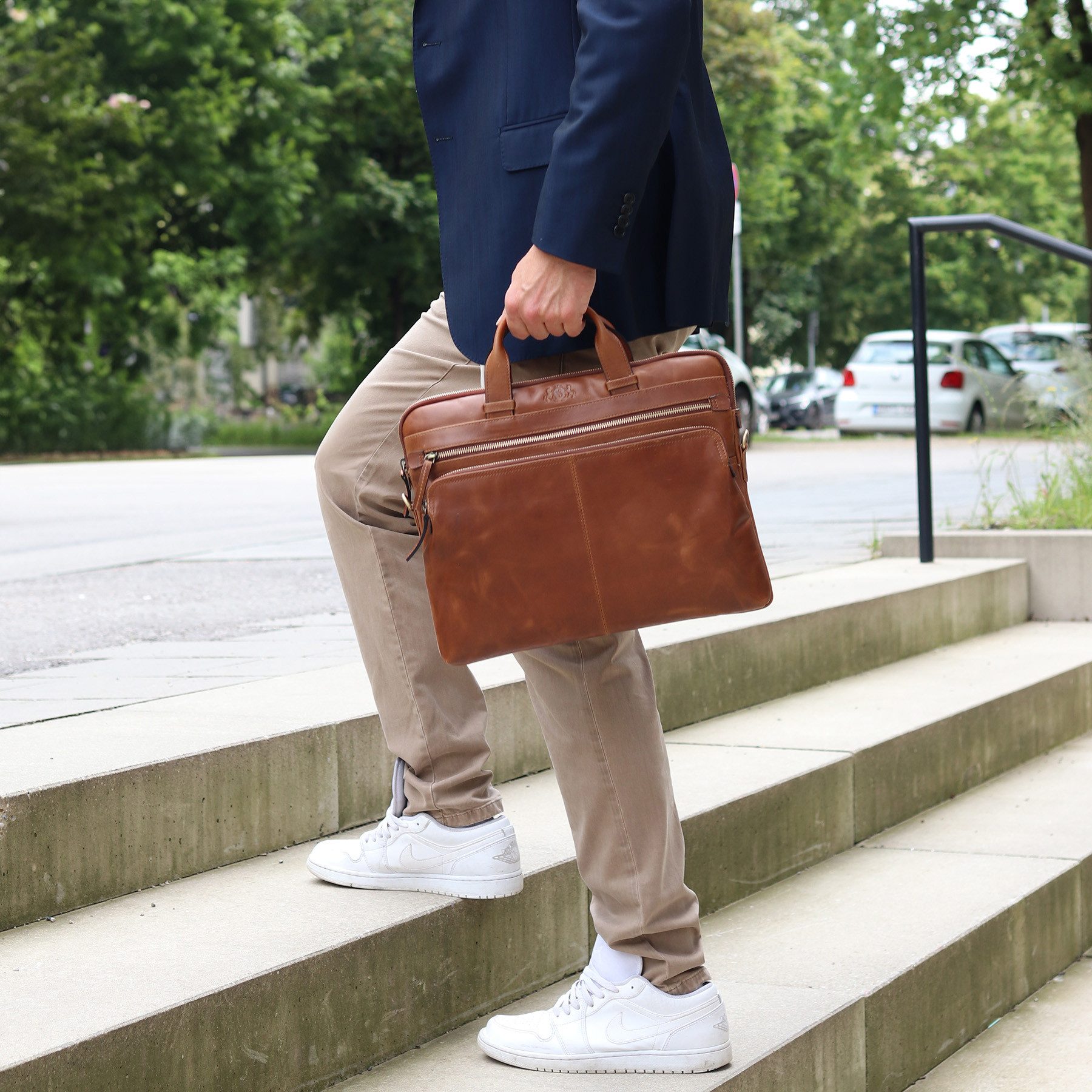 SID & VAIN Laptoptasche Leder Businesstasche Unisex CARSON, Aktentasche 14 Zoll Laptop Echtleder Damen Herren braun