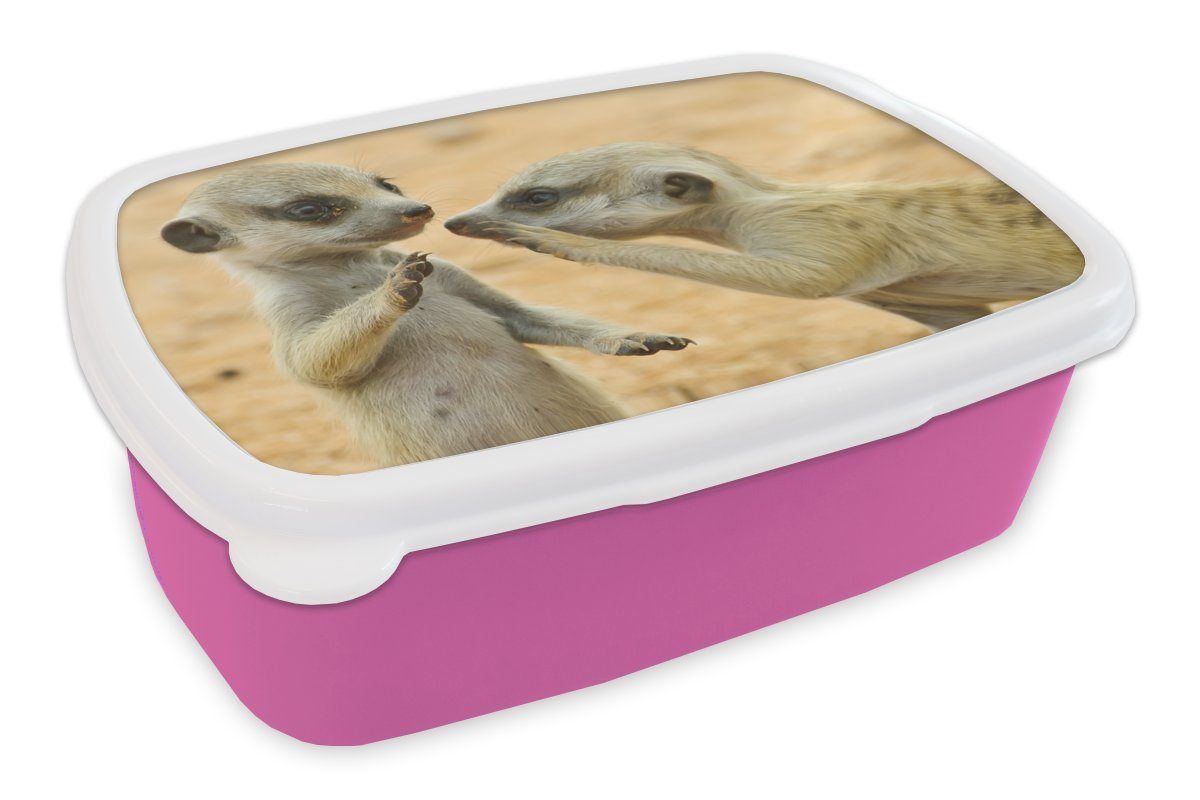 MuchoWow Lunchbox Kunststoff, Erdmännchen Brotdose (2-tlg), Erwachsene, rosa - Tier, - Mädchen, Braun Brotbox Kinder, Kunststoff für Snackbox