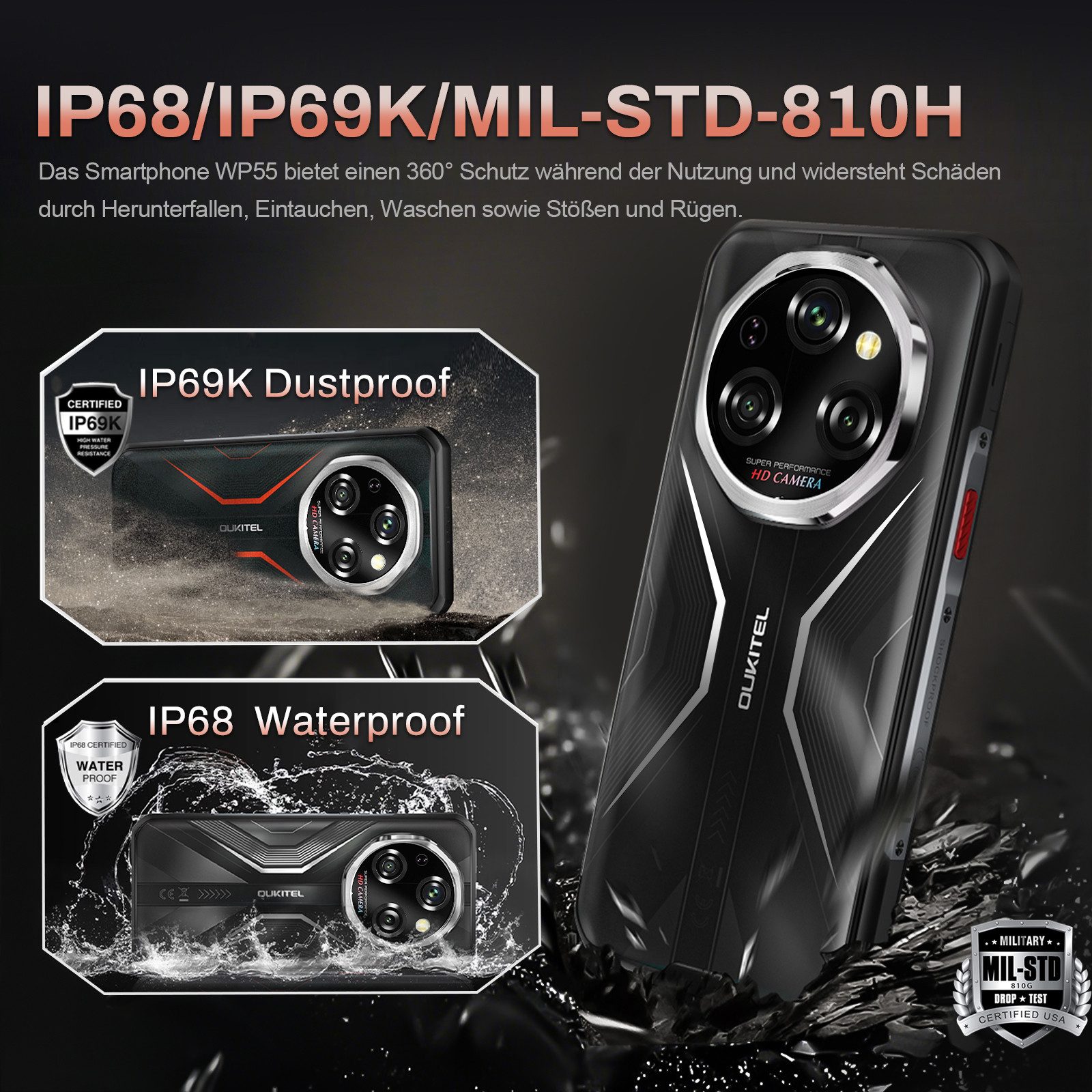 OUKITEL WP55 36+256GB 5G Outdoor Smartphone (16,76 cm/6.6 Zoll, 256 GB Speicherplatz, 108 MP Kamera, 5G, Android 15, 6.6" FHD 120Hz, NFC, OTG, IP68 Wasserdicht)