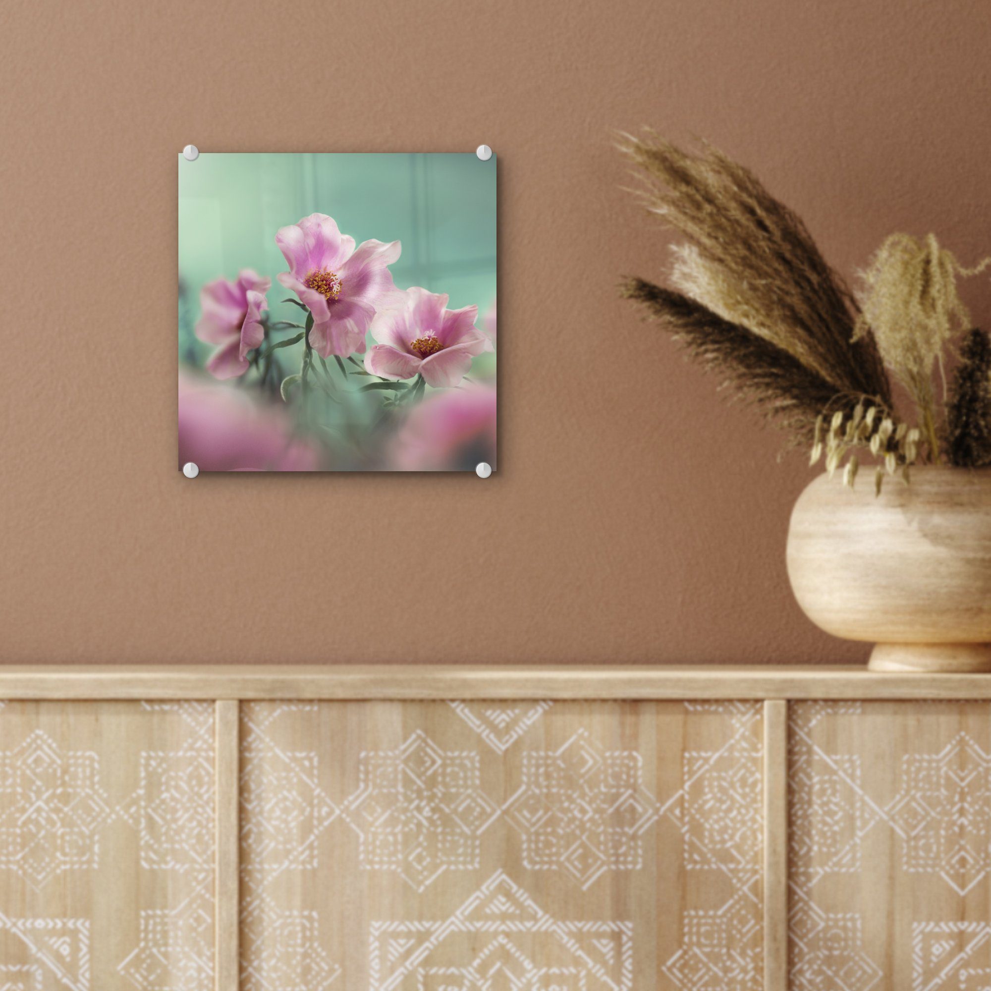 Glas (1 - Blätter türkisfarbenem Tulpe auf - Wandbild Hintergrund, Bilder einer Glasbilder mit St), MuchoWow Acrylglasbild Wanddekoration Foto - rosa auf Glas