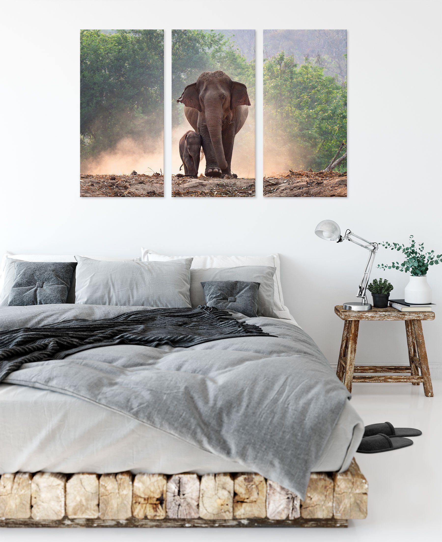 inkl. mit Elefantenbaby Leinwandbild (120x80cm) mit 3Teiler bespannt, Pixxprint Leinwandbild fertig (1 St), Elefantenbaby Mutter Mutter, Zackenaufhänger