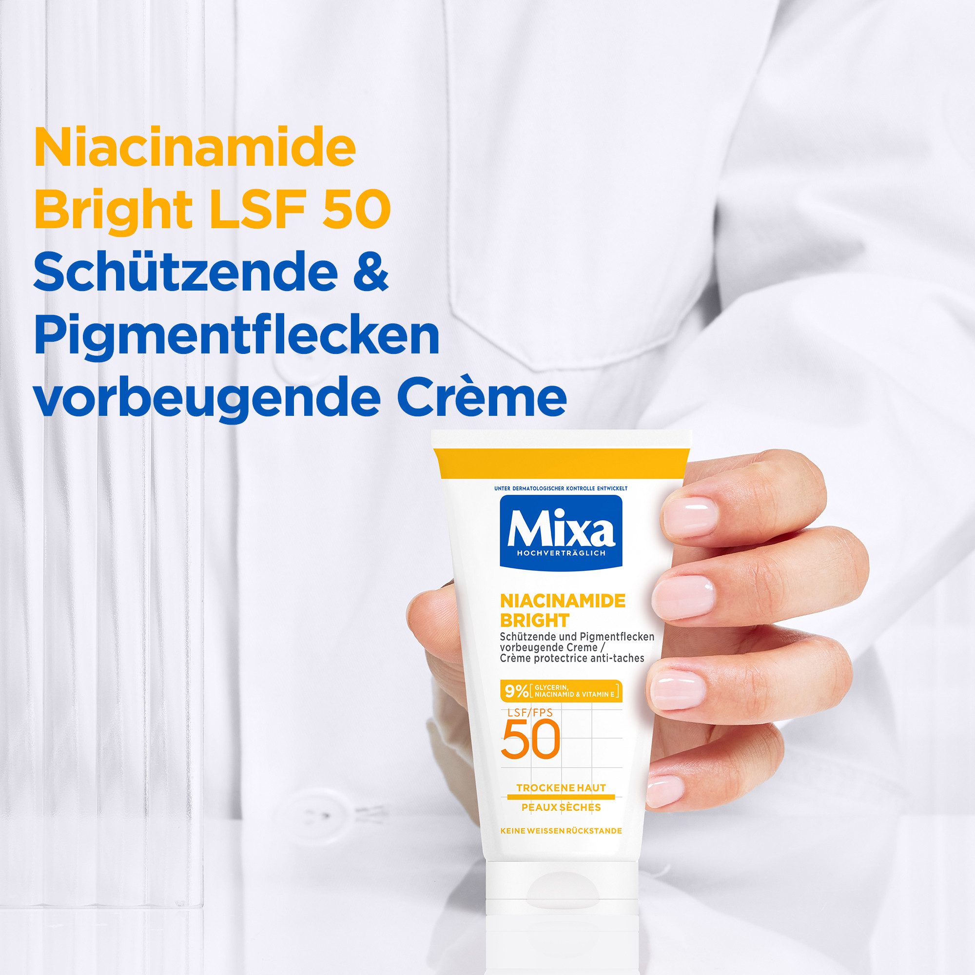 Mixa Körpercreme MIXA NIACINAMIDE BRIGHT CREME LSF50, Mildert sonnenbedingte Pigmentflecken, versorgt trockene Haut.