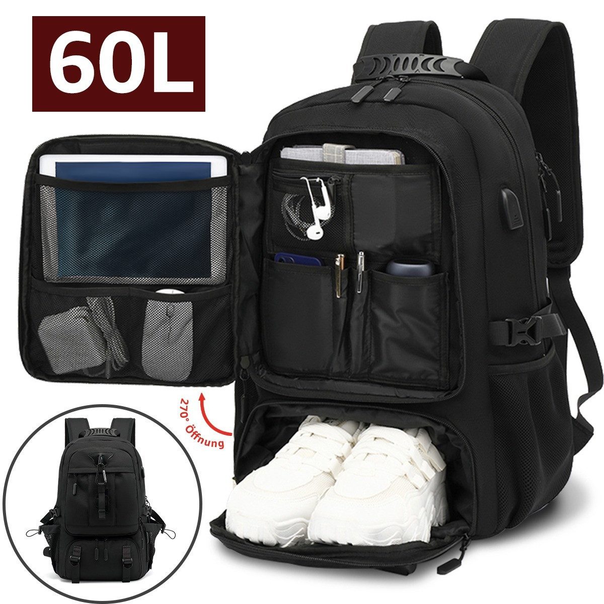 Reiserucksack Erweiterbarer Sportrucksack XL mit Schuhfach Schulrucksack