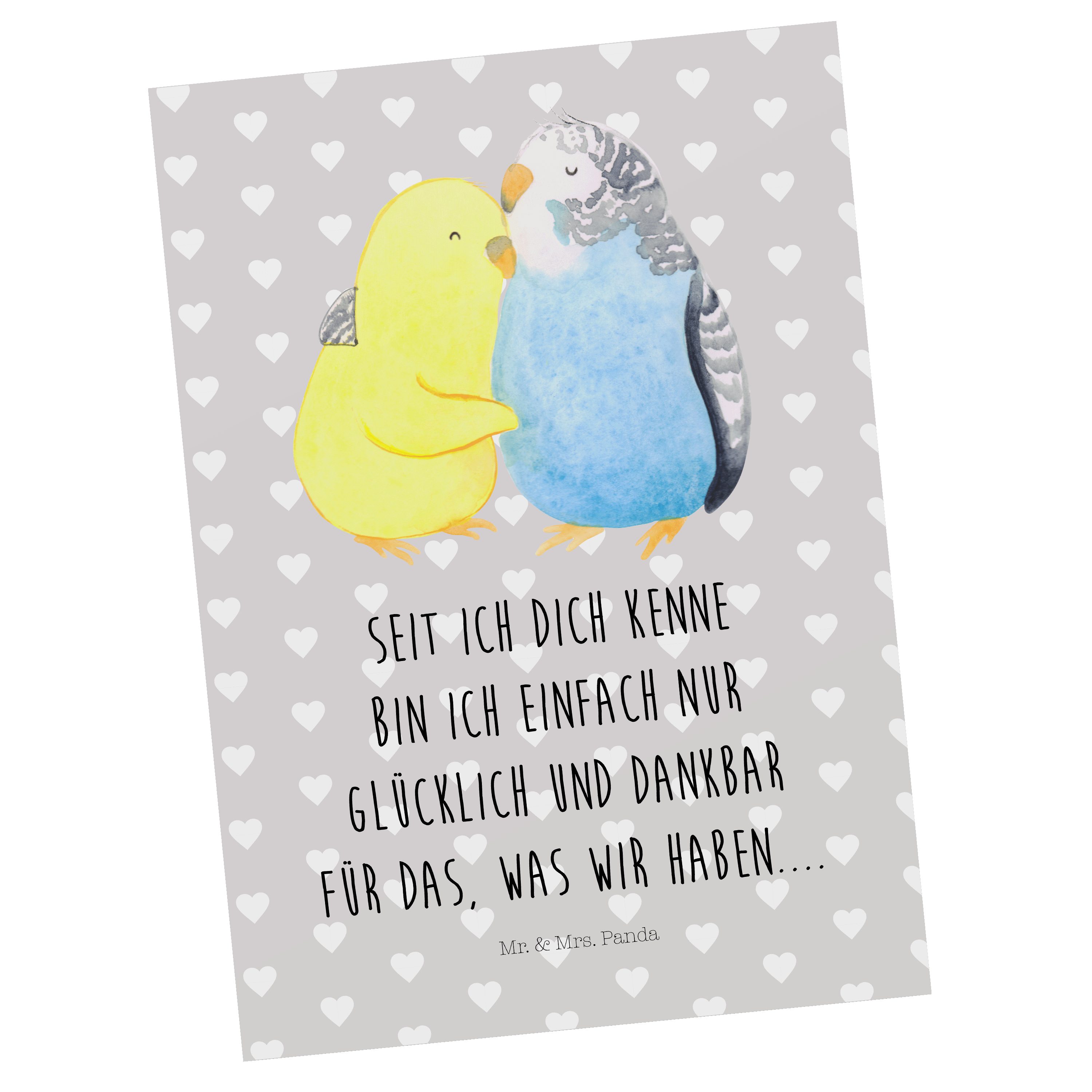 Mr. & Mrs. Panda Postkarte Wellensittich Liebe, Postkarte, Grau Pastell, Beziehung, einzelkarte