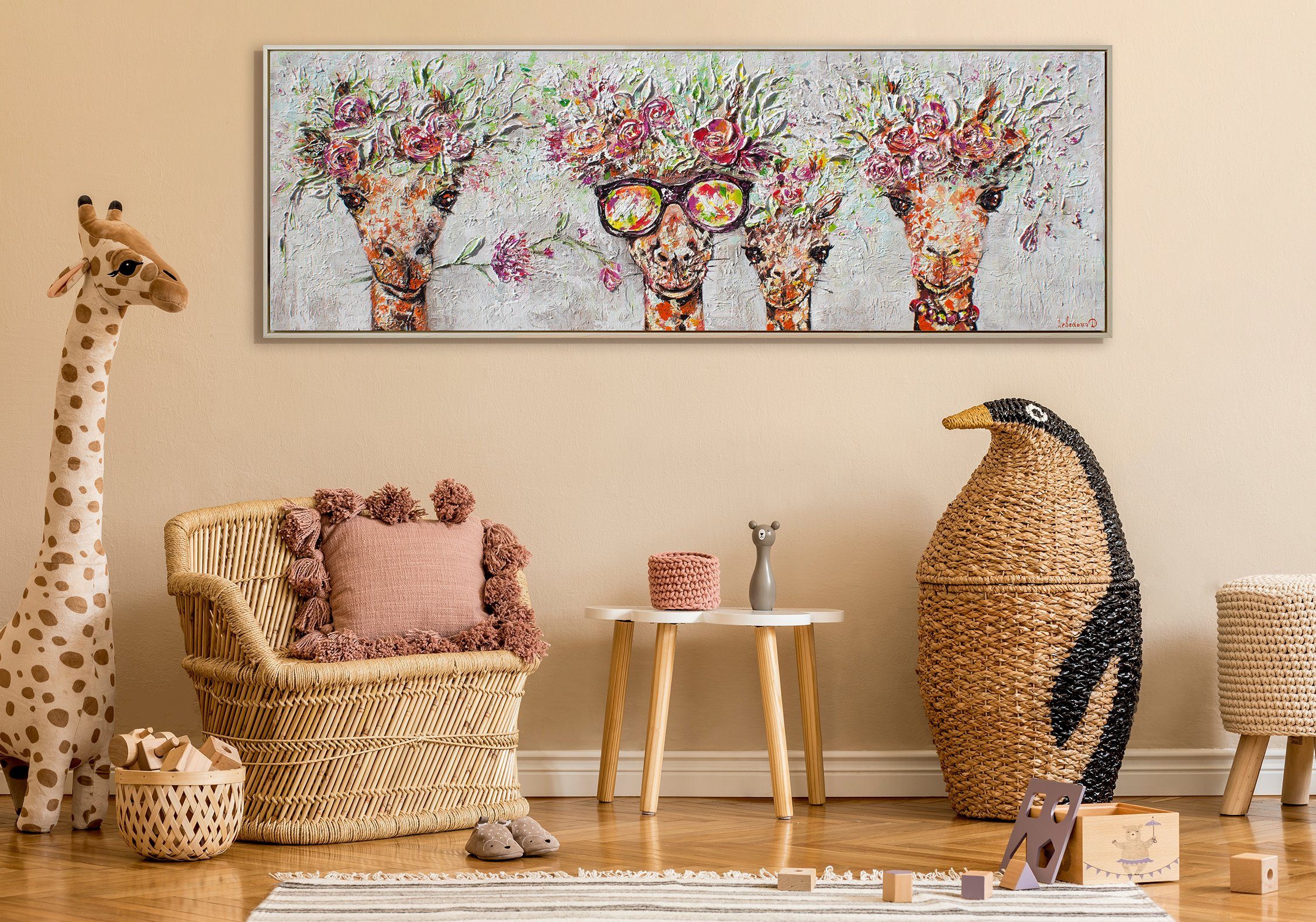 Bild Leinwand Rahmen Giraffen, Bunte Mit in Beige Blumen Braun Tierbilder, Giraffen Gemälde Brille Handgemalt YS-Art