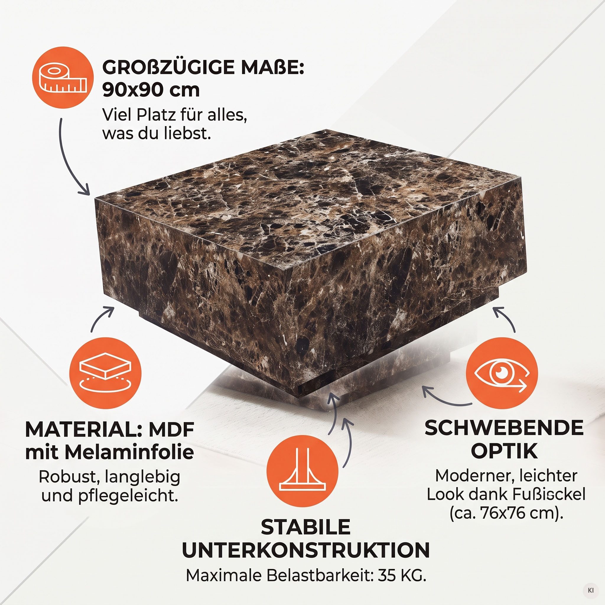 SalesFever Couchtisch AlmerÃ a Wohnzimmertisch: Beistelltisch mit Schwebe-Effekt, quadratisch 90x90 cm, in Marmoroptik foliert – Bild 3 von 5
