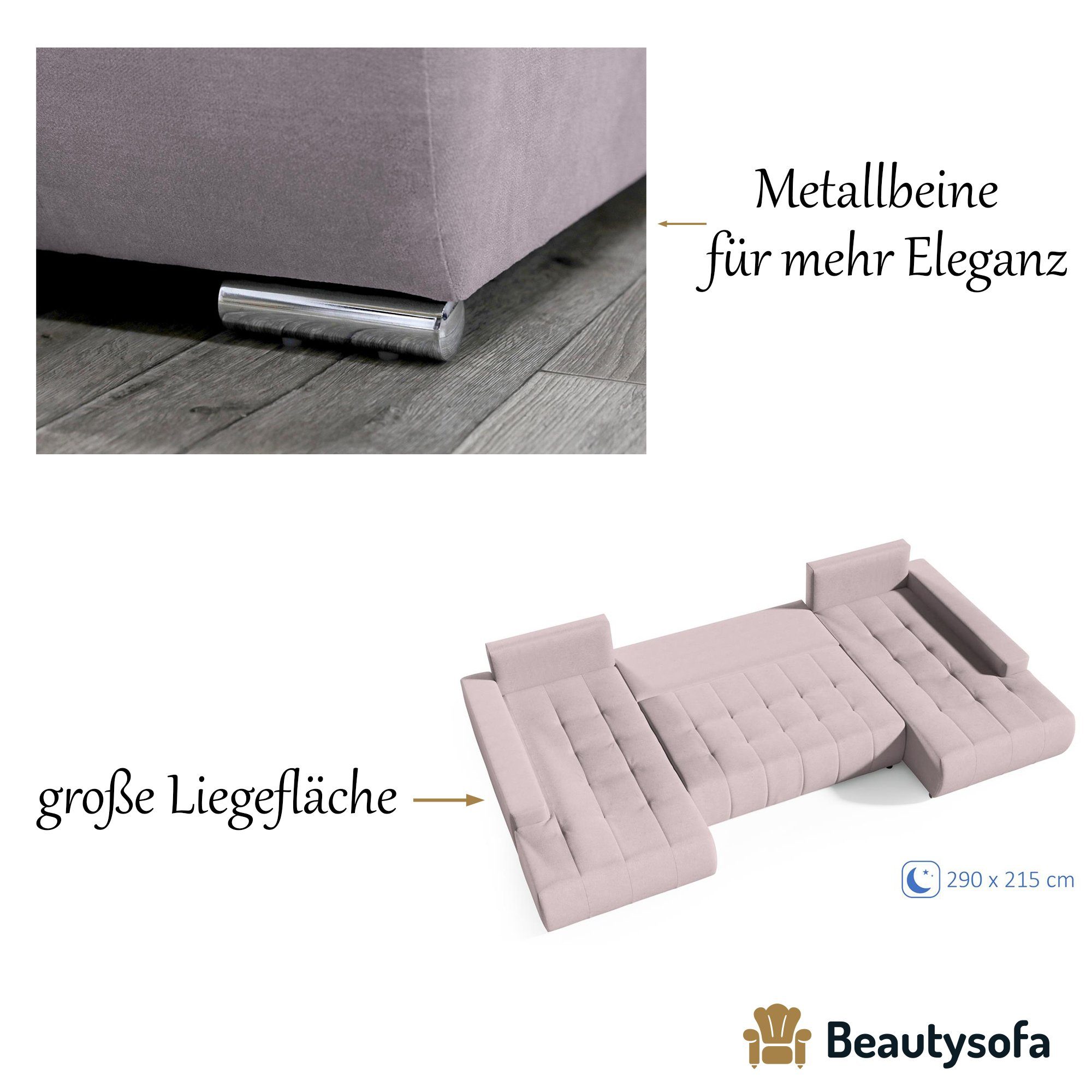 Beautysofa Ecksofa Ecksofa DRACO Bettkasten U U-förmig 19) Schlaffunktion (aston Rosa Wellenfedern