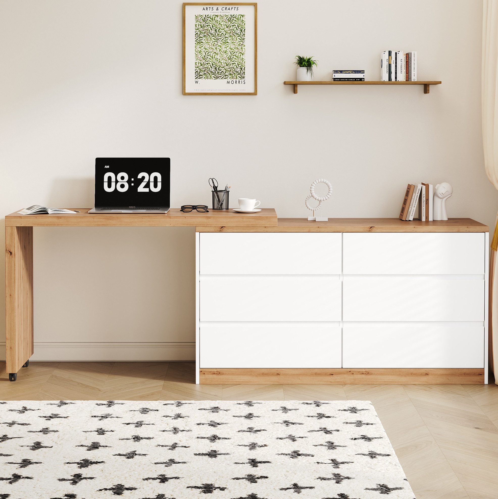 MODFU Eckschreibtisch Multifunktionstisch mit 6 Schubladen & Rollen (Packung, 1-St., Natur+Weiß, 120×78×50 cm, für Büro & Homeoffice), drehbare Platte, 4 cm stark, 2-in-1 Design