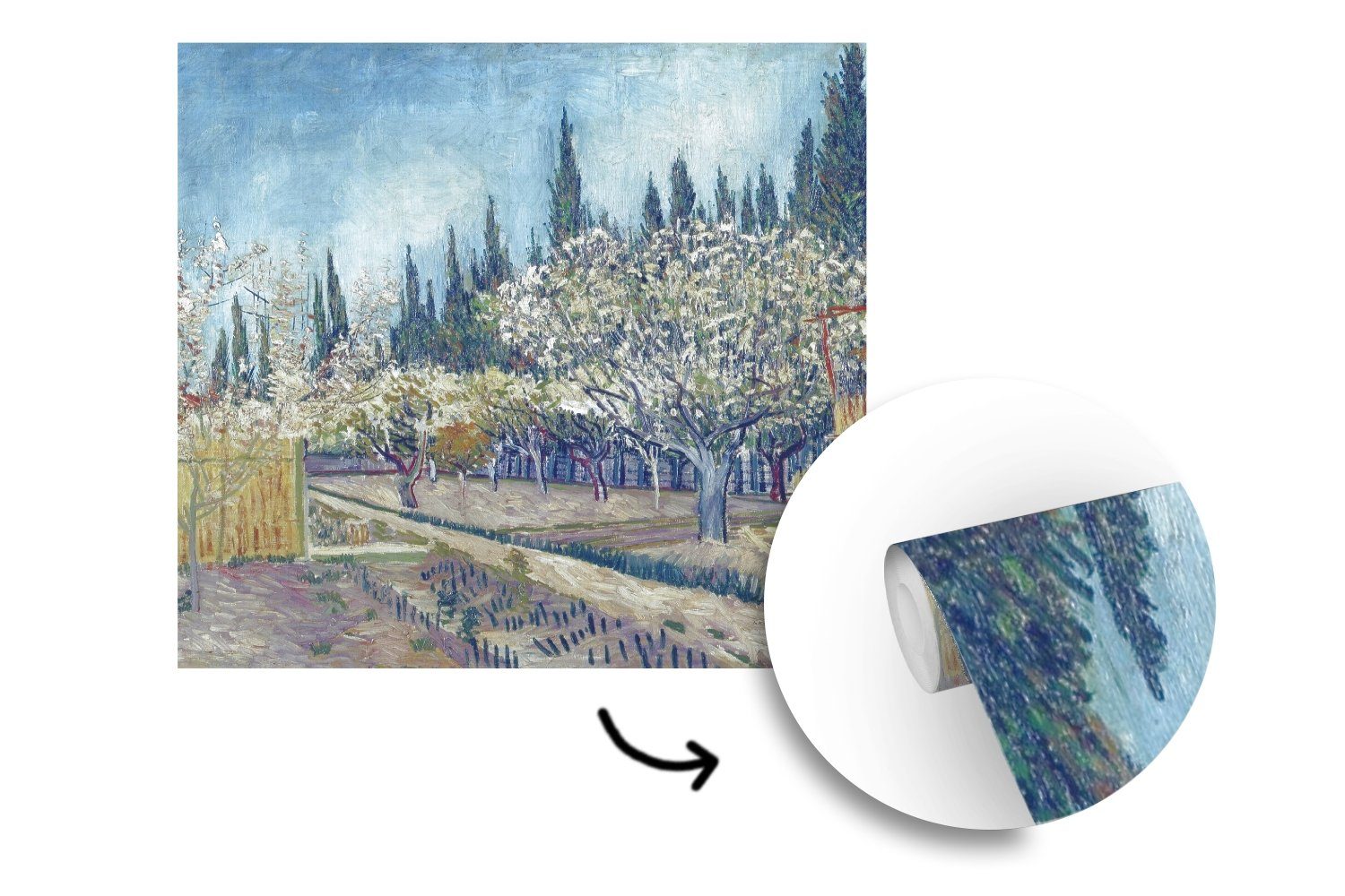 Zypressen Gogh, MuchoWow - (4 Küche, Matt, Vliestapete Fototapete für Schlafzimmer Fototapete Obstgarten St), Vincent vor Wohnzimmer bedruckt, van