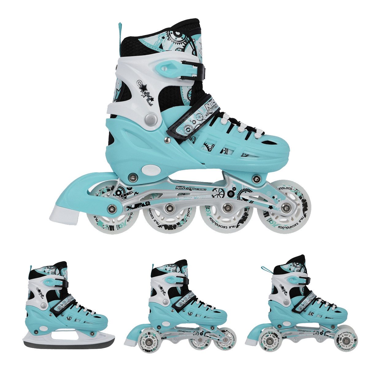 NILS EXTREME Inlineskates 4-IN-1 Inliner Schlittschuhe Rollschuhe Eishockey Blau, verstellbare Größe und wechselbare Kufen