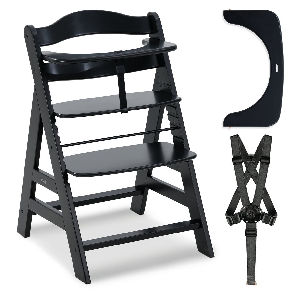 Hauck Tischsitz Alpha Plus - Black, Mitwachsender Holz Babystuhl Kinderhochstuhl mit Gurt FSC zertifiziert