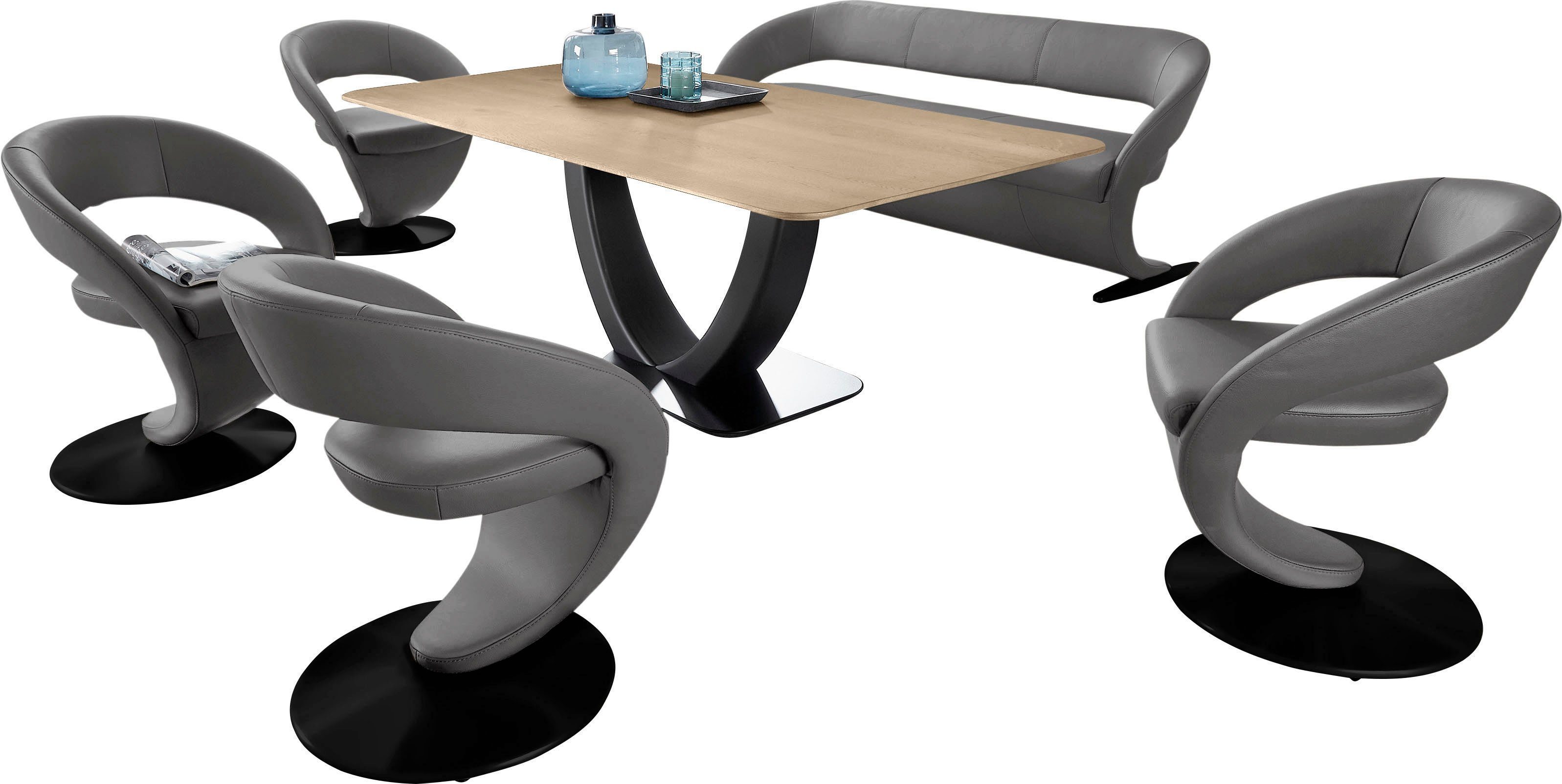 K+W Komfort & Wohnen Essgruppe 180x90cm Design-Solobank und Tisch 4 Design-Drehstühlen in mit Wave, (Set)