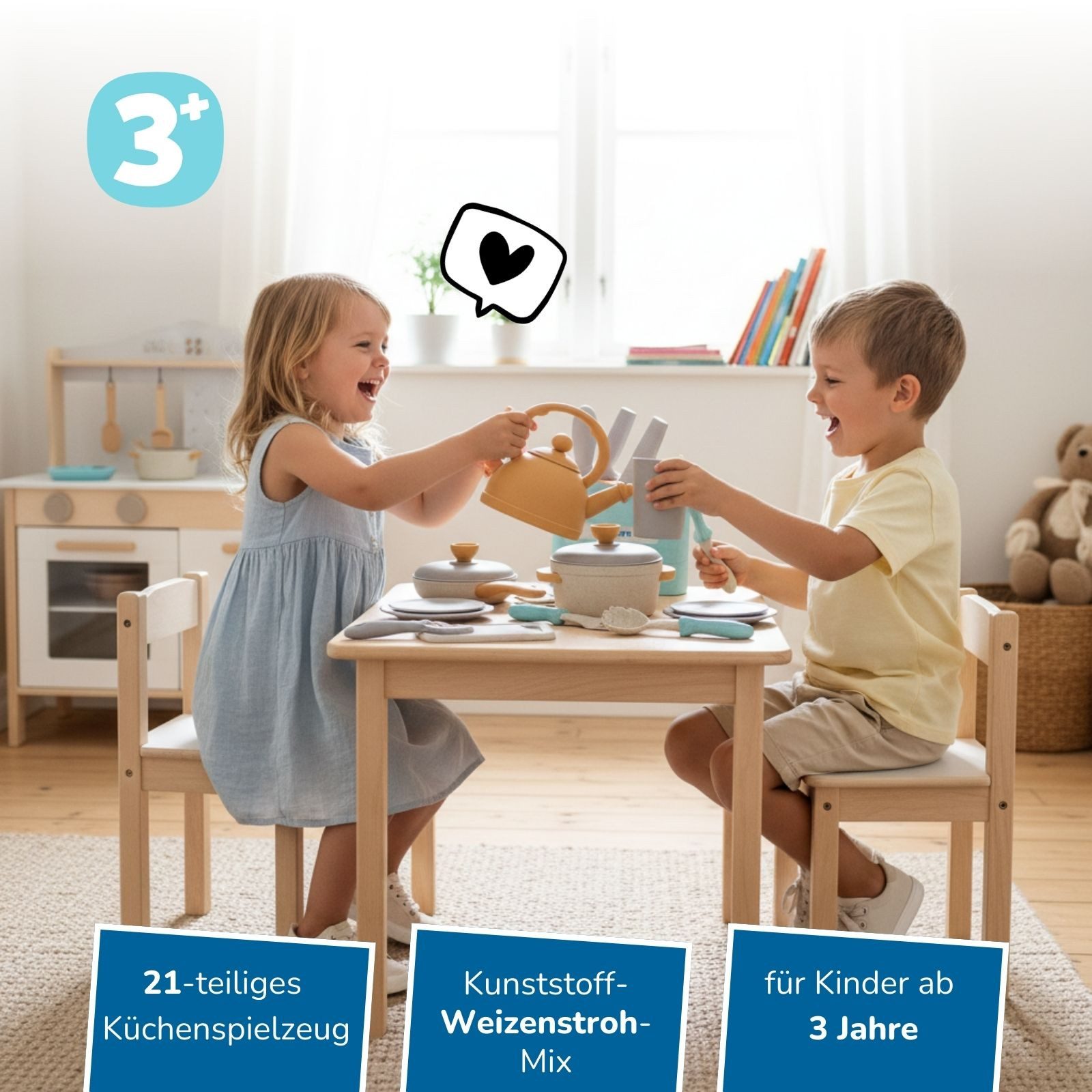 alldoro Spiel-Kochgeschirr Koch- und Geschirrset mit Messerblock für die Kinderküche, 21-teilig, (21-tlg), Küchenspielzeug-Set für Kinder, Messerblock, Töpfe, Pfannen & Geschirr