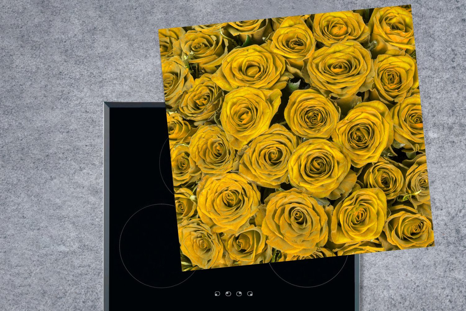 Herdblende-/Abdeckplatte Vinyl, Ceranfeldabdeckung, Arbeitsplatte für Rosen tlg), 78x78 MuchoWow - (1 cm, Gelb küche Blumenstrauß, -