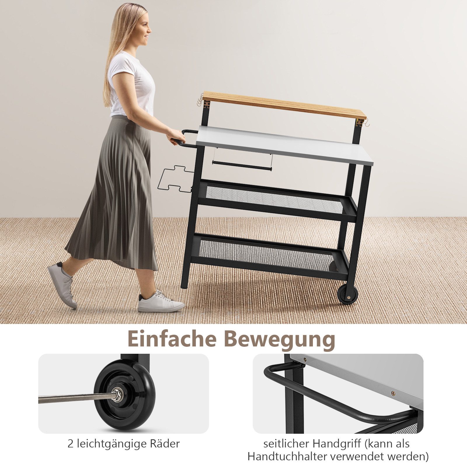 KOMFOTTEU Rollwagen, 3-stufiger Grillwagen mit klappbarer Tischplatte, Regalen & Haken