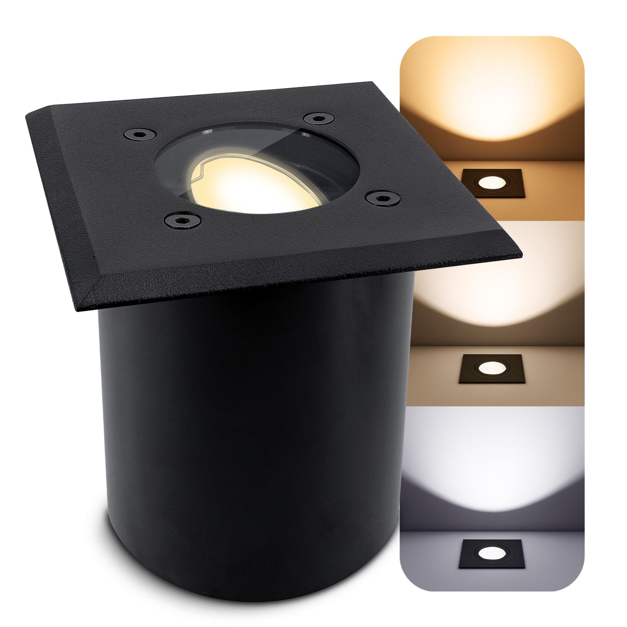SSC-LUXon LED Gartenstrahler JUAVI Bodeneinbauleuchte IP67 schwarz Spot 5W GU10 drei Lichtmodi, Neutralweiß, Warmweiß, Tageslichtweiß