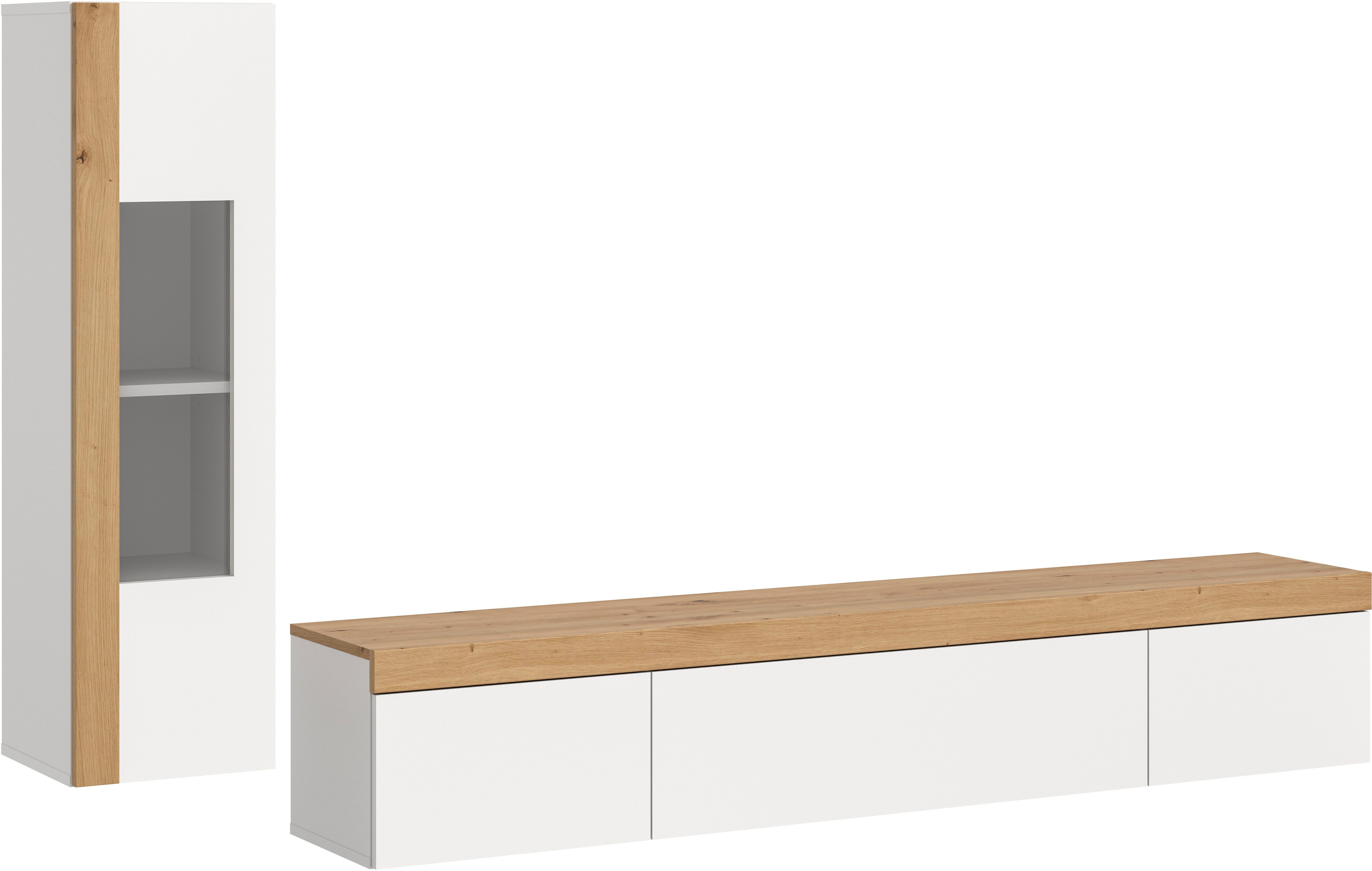 Home affaire Wohnwand Svala, Breite 180 cm, Wohnkombination, (Set, 2-St), stehend u. hängend montierbar,Vitrinenschrank, Lowboard