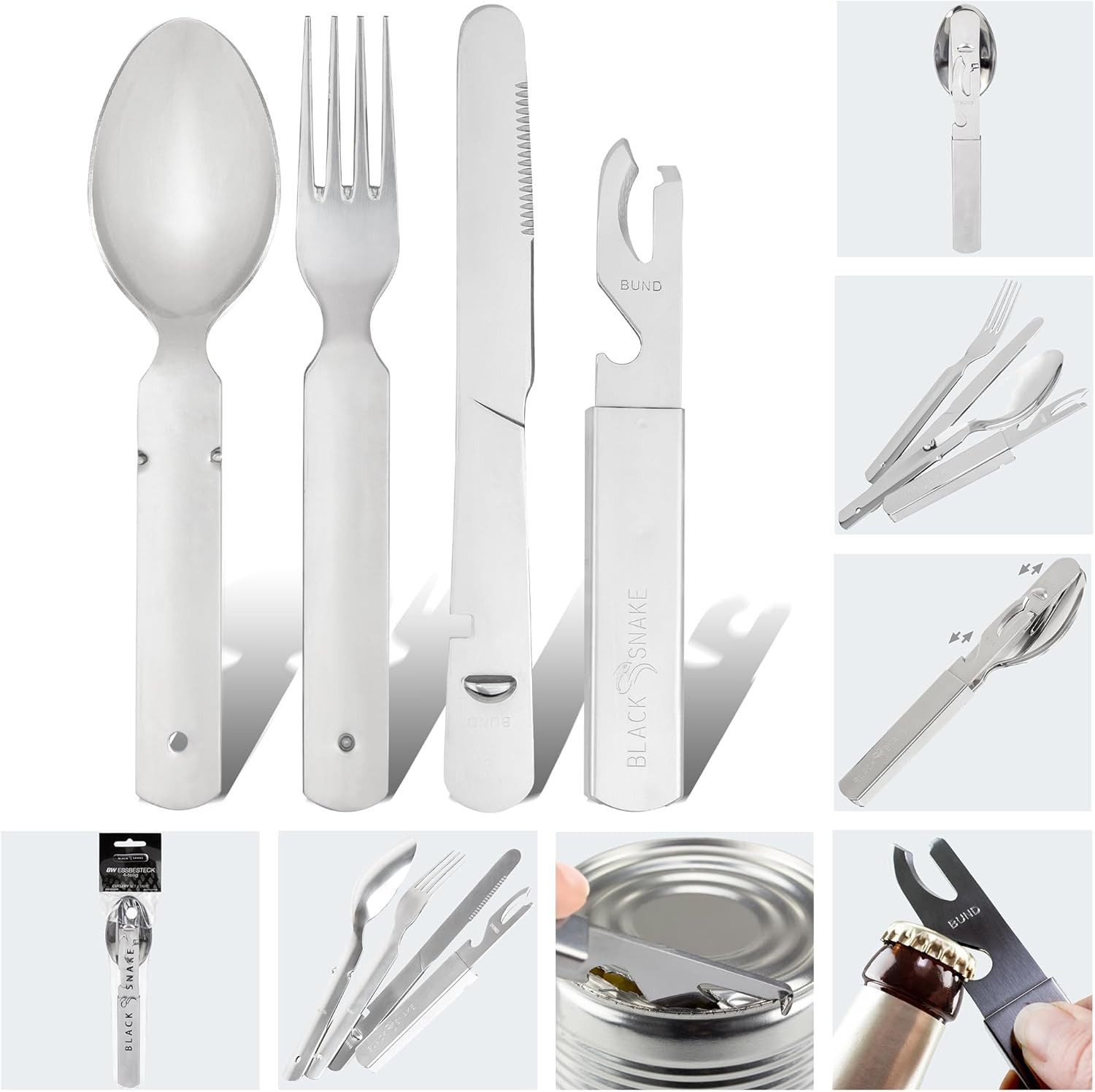 Black Snake Besteck-Set Camping Essbesteck 4-teilig - Edelstahl Besteck Set (4-tlg), 1 Personen, Edelstahl, Robust, kompakt & zusammensteckbar!