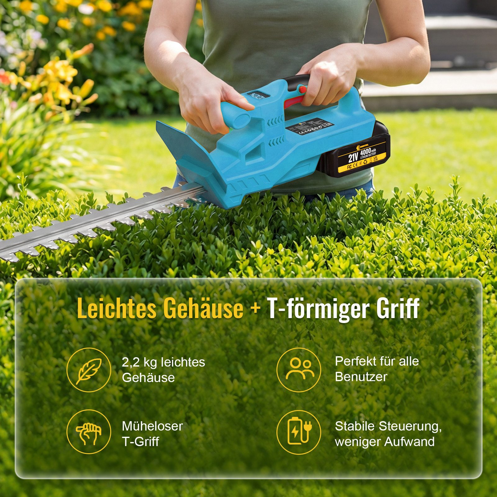CONENTOOL Akku-Heckenschere 21V Elektro-Heckenschere mit 2x4Ah Akku und Ladegerät, (set), 50 cm Schnittlänge, kabellose Gartenschere für Hecken & Büsche