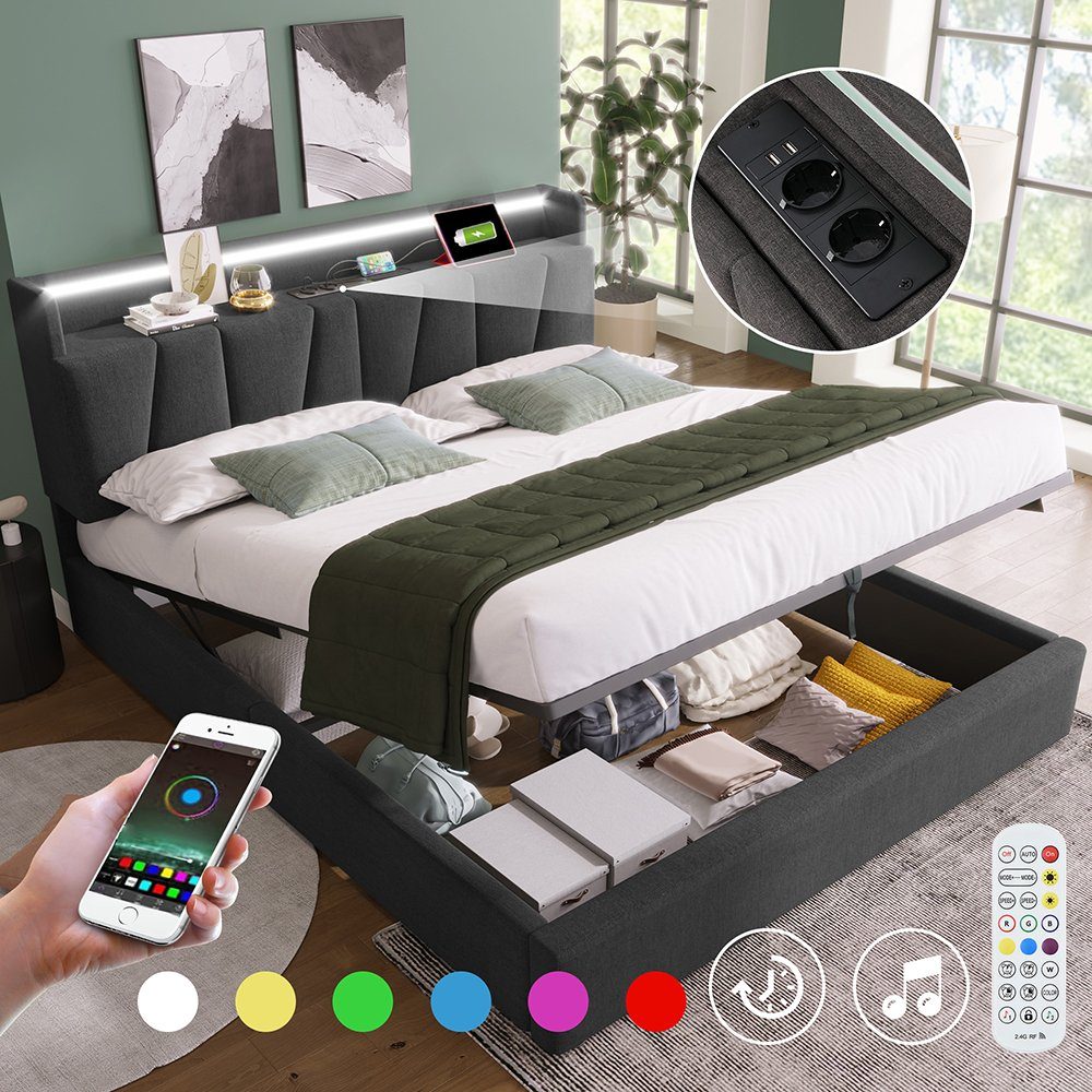 Polsterbett (160 x 200 cm Hydraulisches Bett mit Lattenrost), Dopplebett mit LED-Beleuchtung, USB Ladefunktion & Stauraumkopfteil