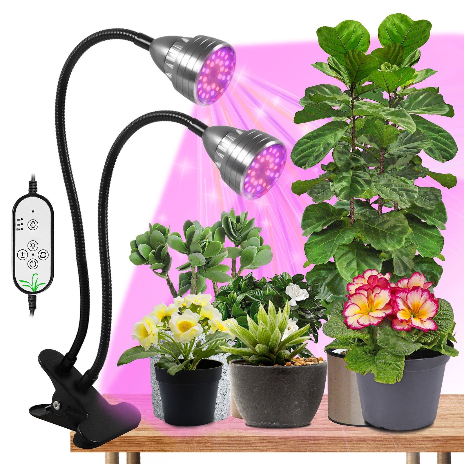 Rosnek Pflanzenlampe 1-4 Köpfe, Clip-on, 3 Modi, Timer, USB, für Zimmerpflanzen-Setzlinge, rot, blau und gelb, 5-stufige Helligkeit