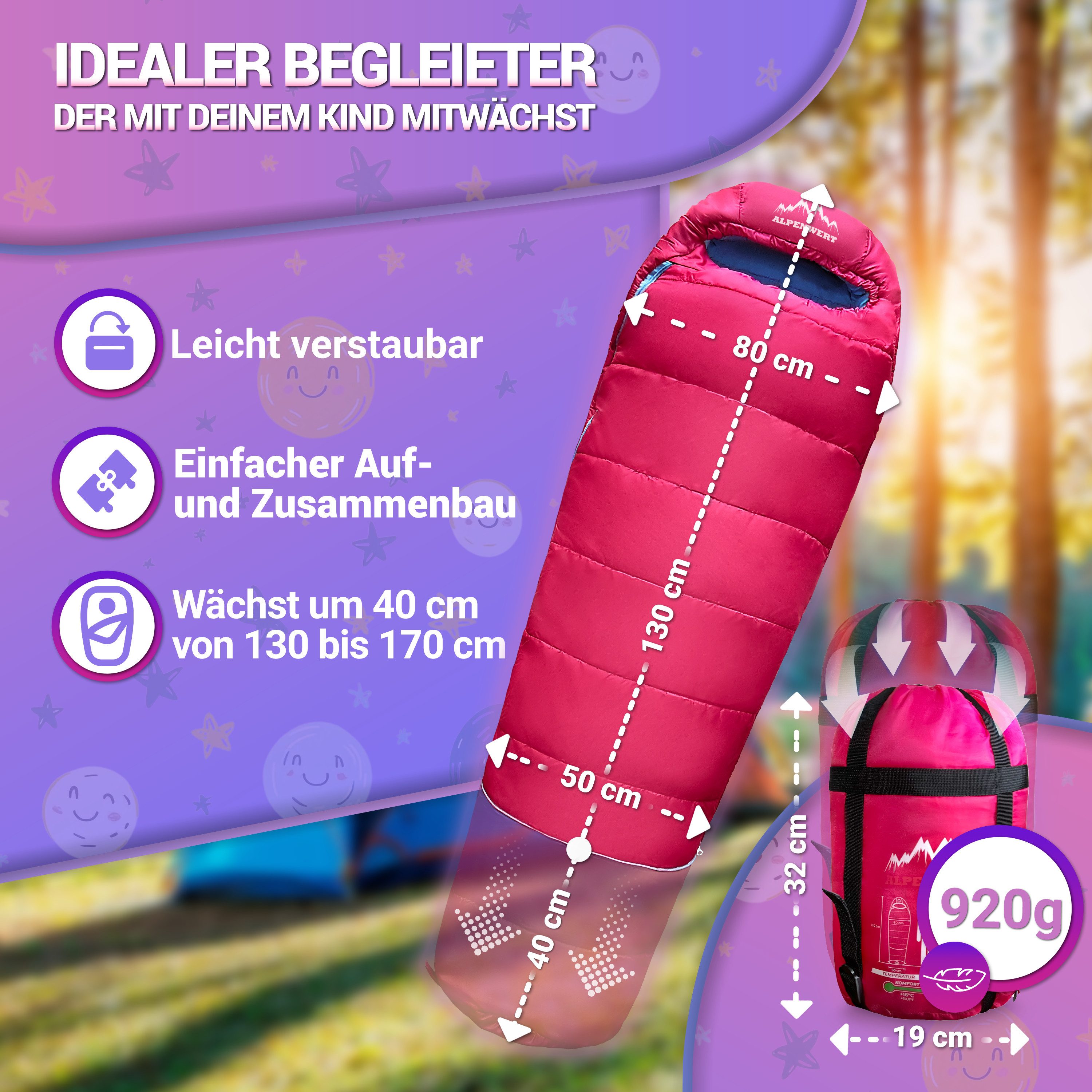 Alpenwert Kinderschlafsack Ultraleicht 130-170cm – Outdoor, wasserabweisend & kompakt, mitwachsend
