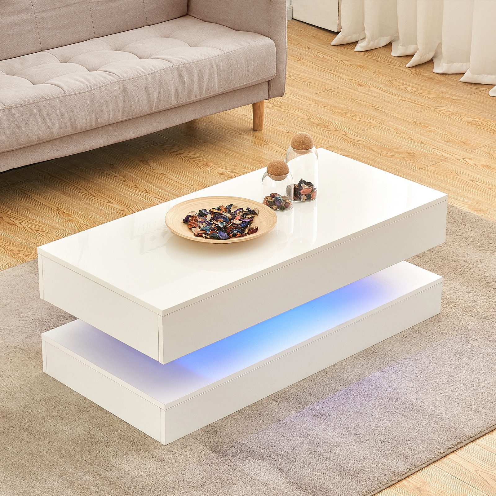 JYMTOM Couchtisch Beistelltisch Moderner Holztisch Weißer Glanz mit LED-Leuchten (1-St), 2 Schubladen 100×50×35 cm – Vielseitiges Home-Office-Möbel