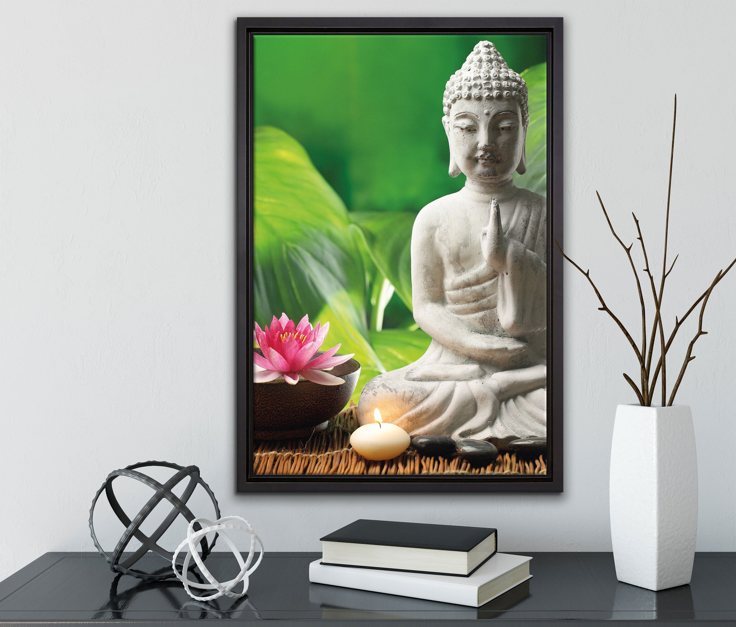 Statue, bespannt, Pixxprint Wanddekoration einem Leinwandbild Buddha gefasst, in Schattenfugen-Bilderrahmen Leinwandbild fertig inkl. Seerose St), Zackenaufhänger (1