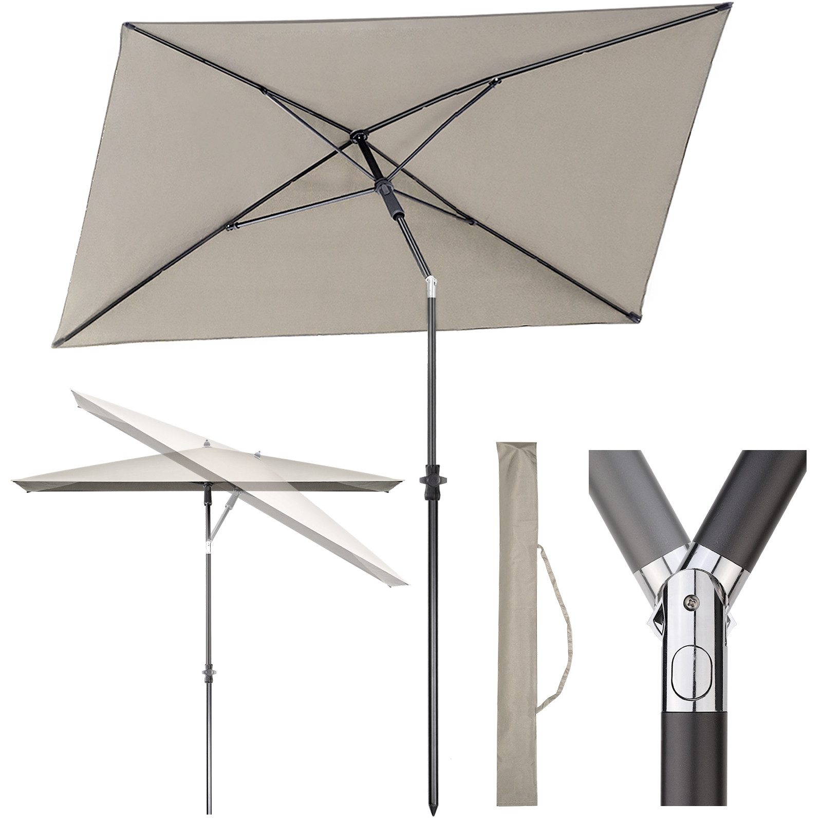 Sekey Sonnenschirm Rechteckig Höhenverstellbar Balkonschirm Knickbar, mit Schutzhülle, LxB: 210,00x140 cm, Sonnenschutz UPF50+, Kippbar, Höhenverstellbar Sonnenschirm Balkon
