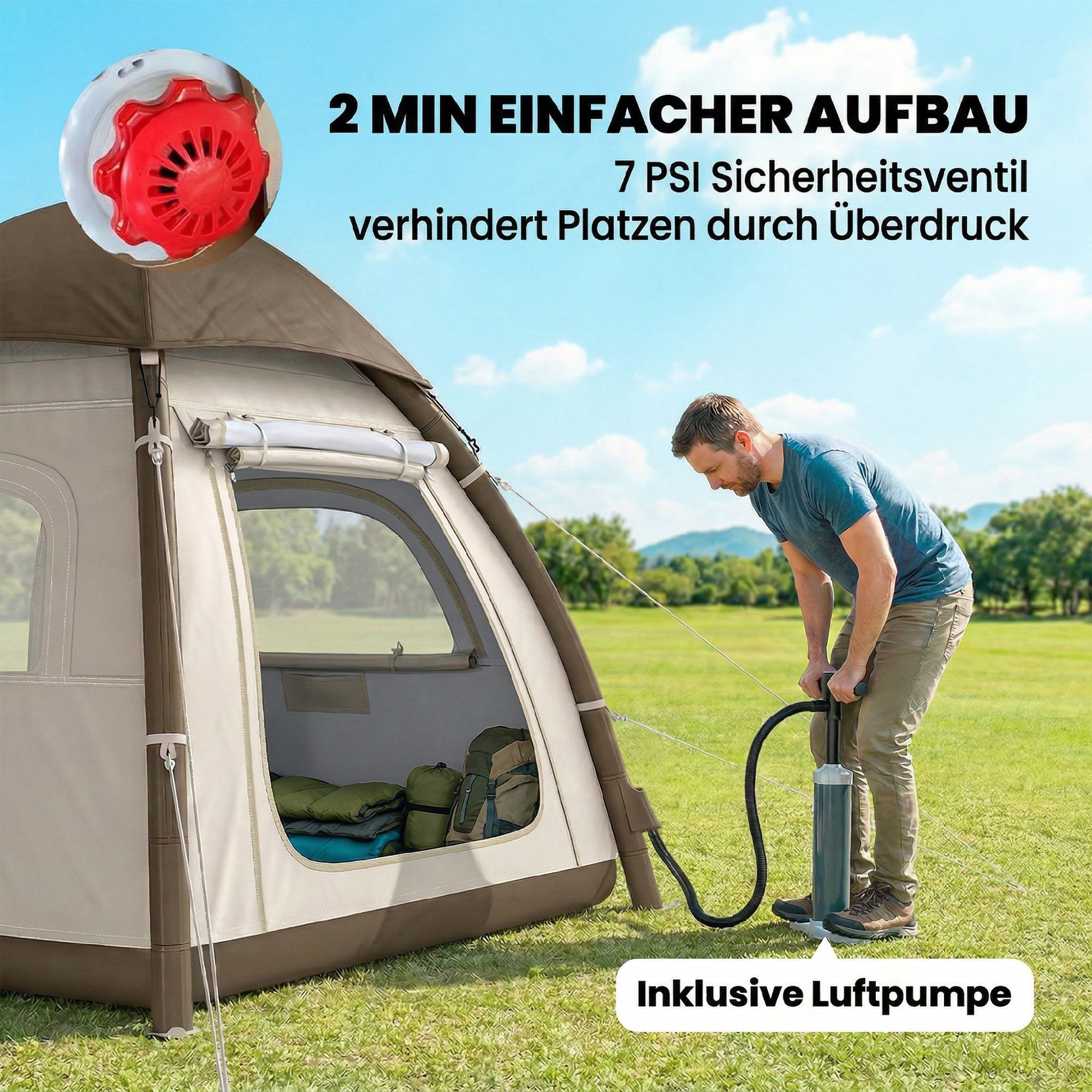 furnicato Gruppenzelt Aufblasbares Zelt 220x220x200 cm Cremeweiß, (1 tlg), Aufblasbares Zelt mit Vordach-Veranda und seitlichen Mesh-Fenstern