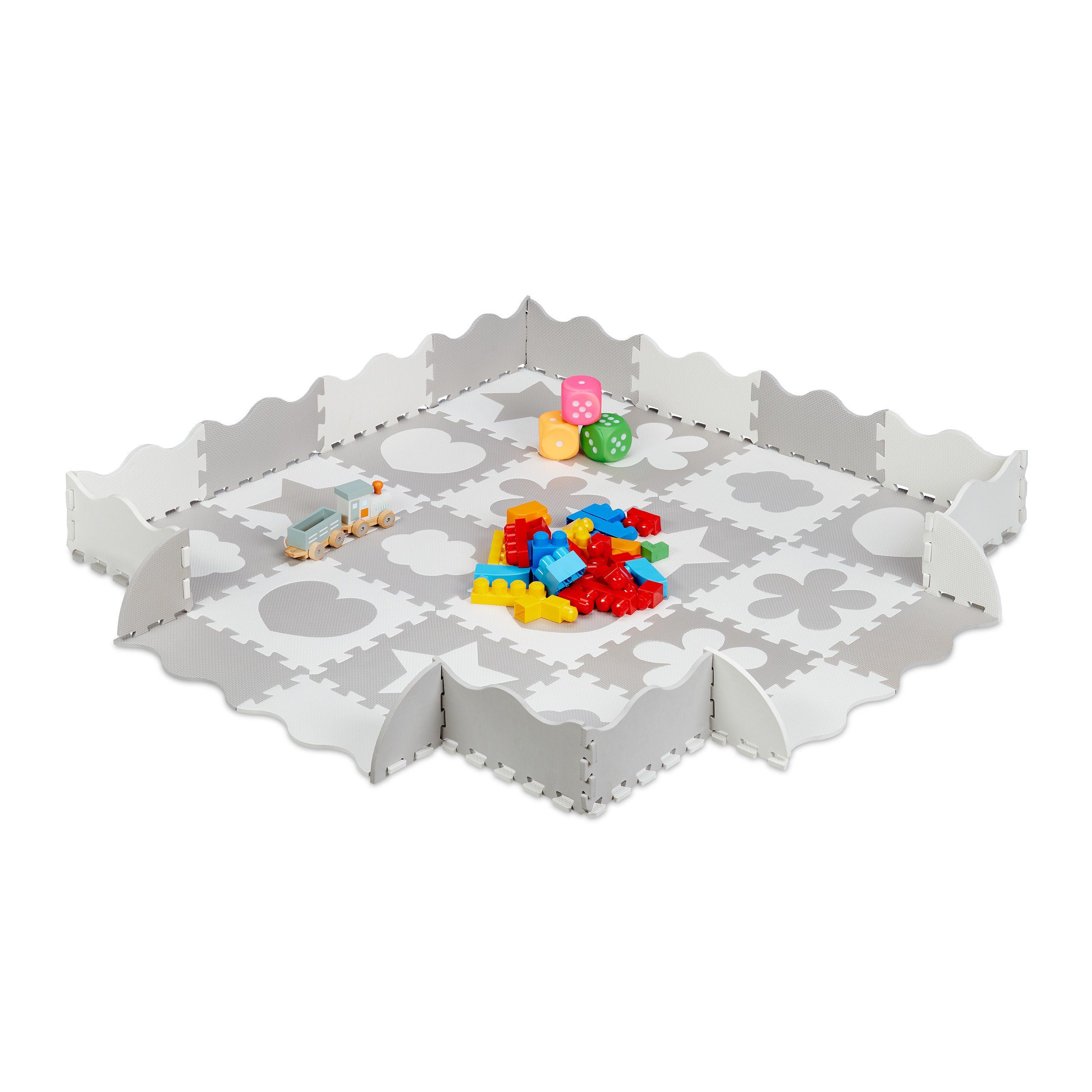 relaxdays Spielmatte 52-tlg. Puzzlematte mit Rand und Motiven, Grau