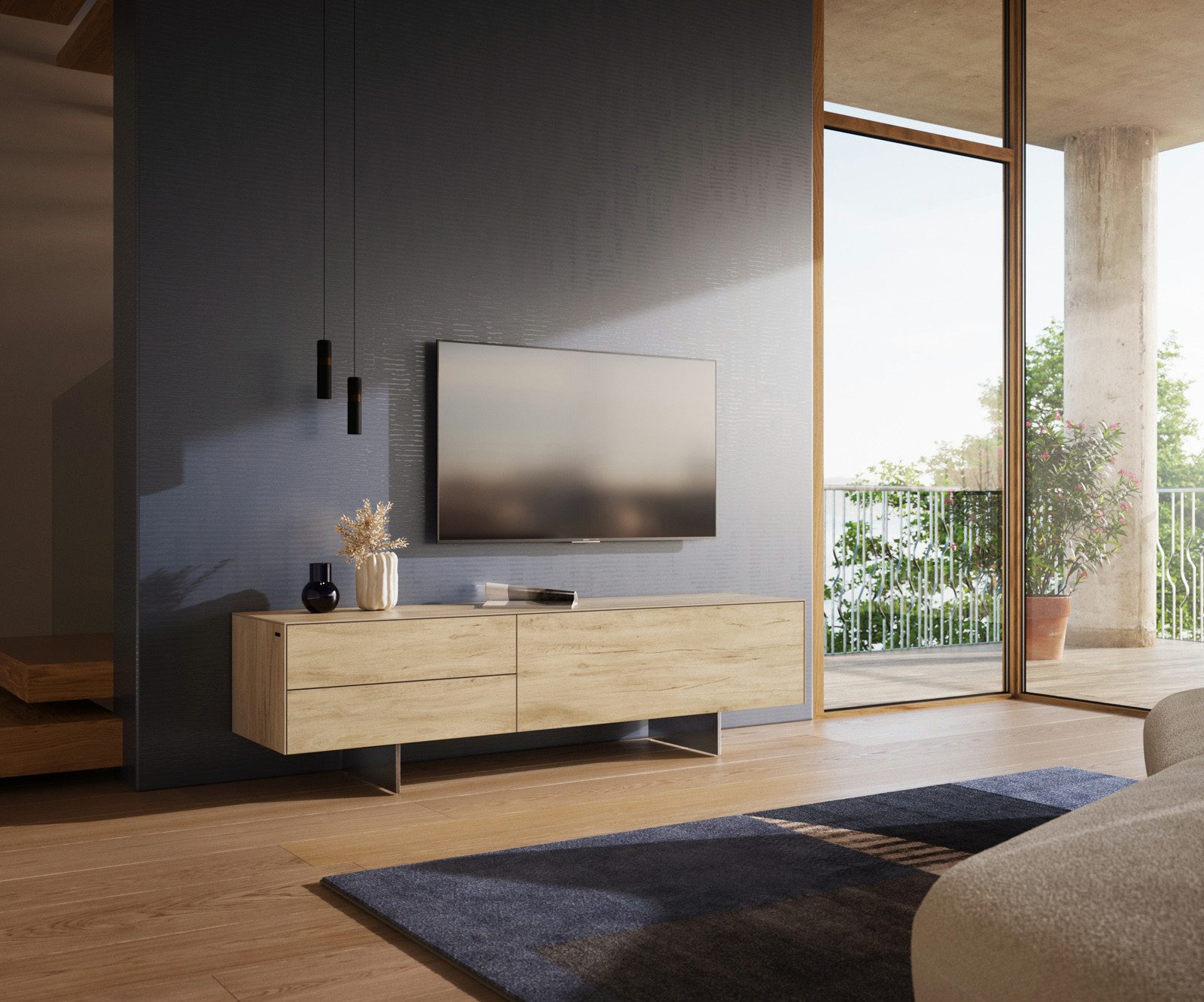 DELIFE Lowboard Cuor, Keramik Laminam® Sabbia Eichefarbig 180 cm 1 Klappe 2 Schubfächer Fuß