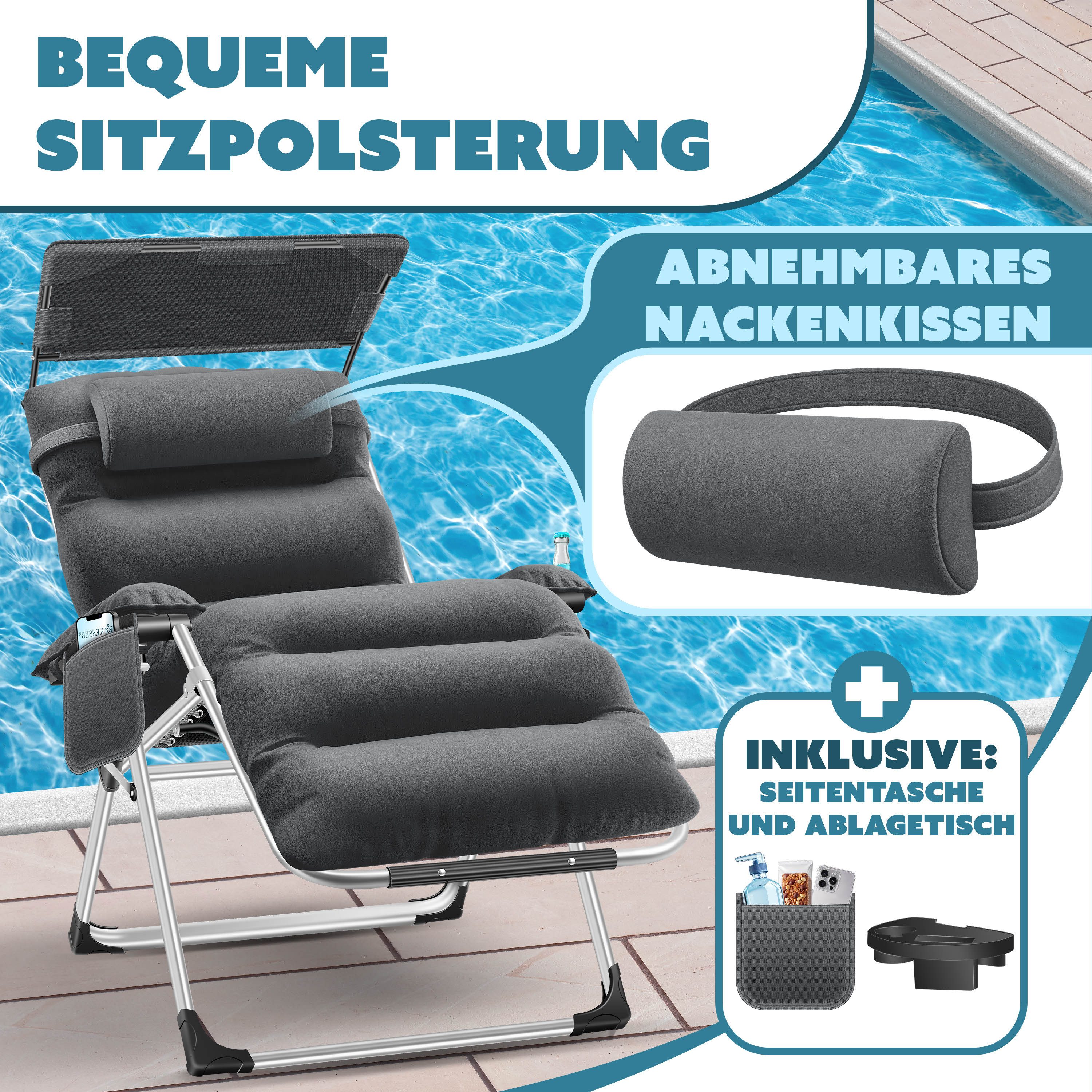 KESSER Gartenliege, Sonnenliege Liegestuhl Klappbar + Nackenkissen Gartenstuhl