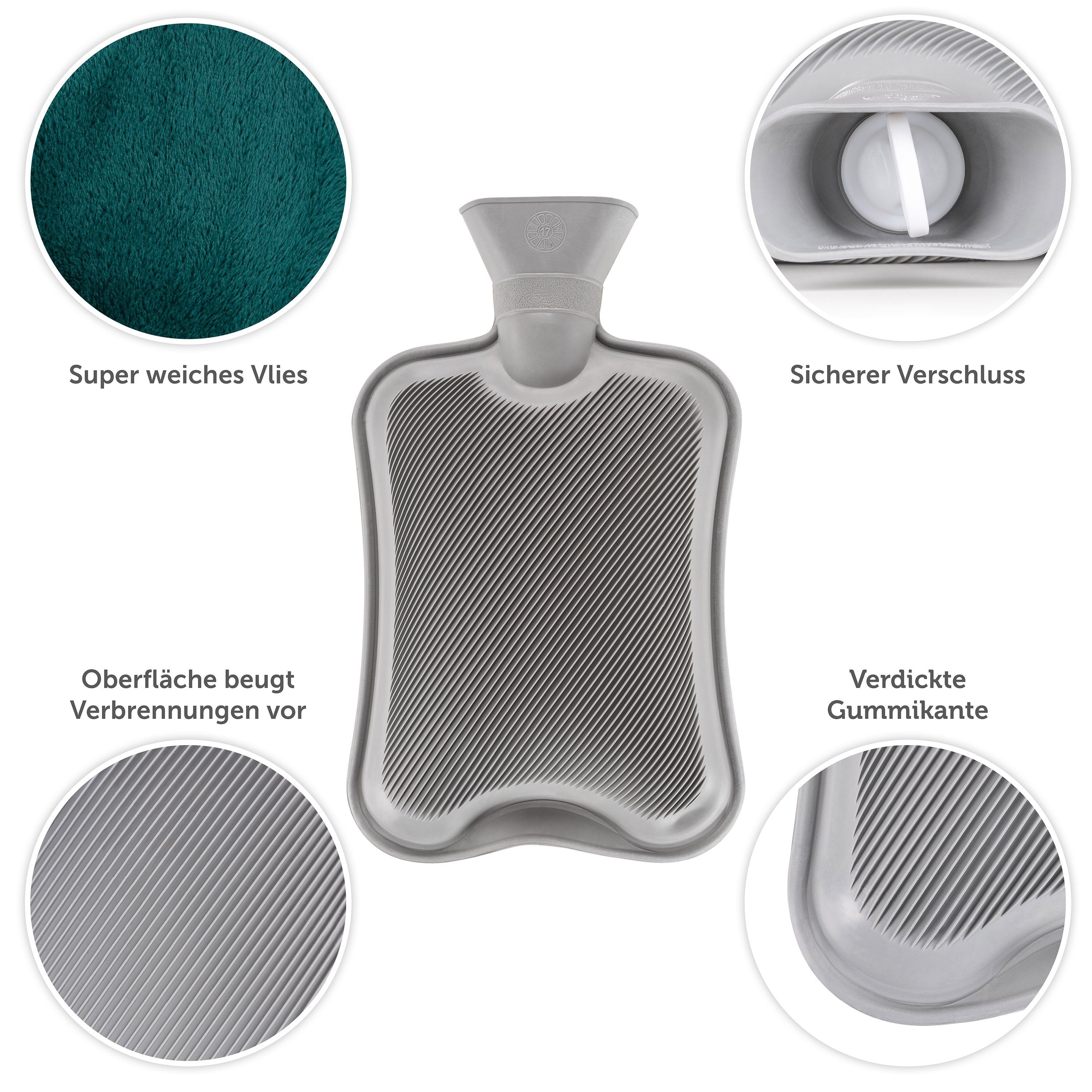 Blumtal Wärmflasche mit Premium Vliesbezug in Samtoptik, (aus Naturkautschuk für Kinder und Erwachsene), Auslaufsichere Wärmflasche mit Bezug zur Schmerzlinderung