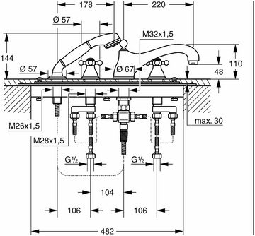 Grohe Wannenarmatur Sinfonia 4-Loch-Wannenkombination niedriger Auslauf chrom