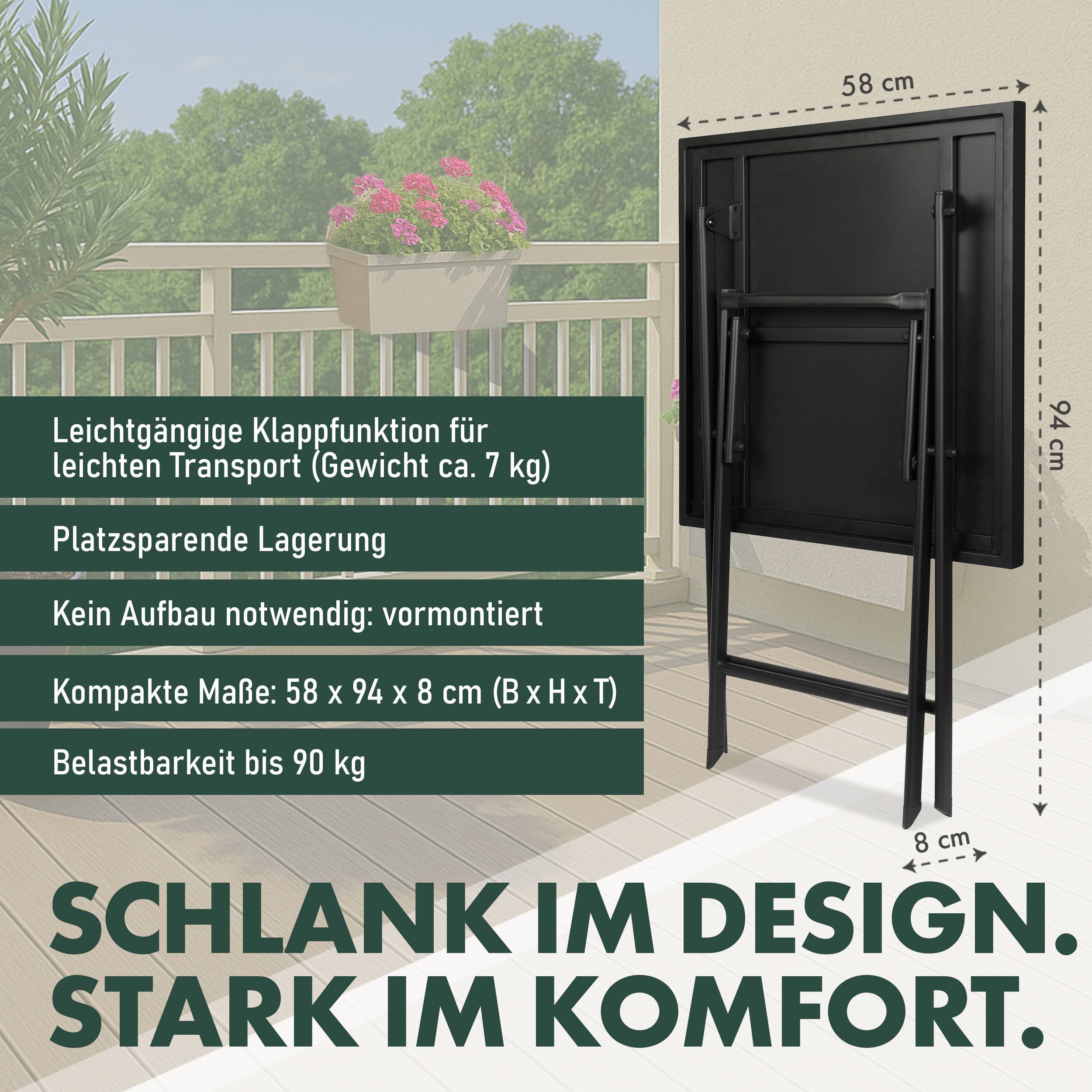 BRUBAKER Gartentisch Bergamo - 58 x 58 cm Balkontisch wetterfest (1-St., Campingtisch eckig mit Stein Optik - Klapptisch für Balkon, Terrasse), Metall Beistelltisch klappbar - Bistrotisch
