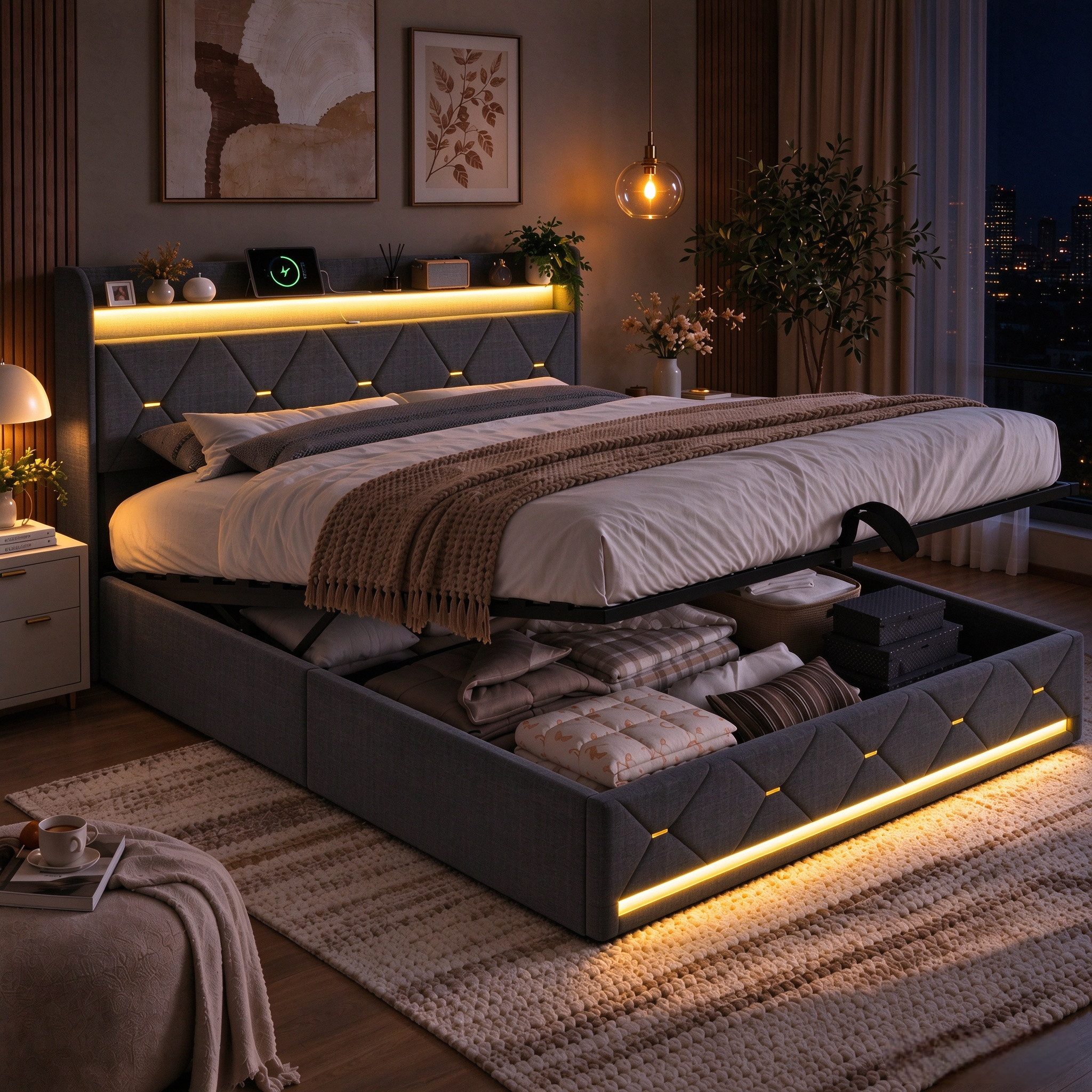 Furnishings Home Polsterbett Stauraumbett LED Doppelbett Mit Bettkasten (1-tlg., Inkl. Komforthöhe Lattenrost, Leises Design Bett), Mit RGB …