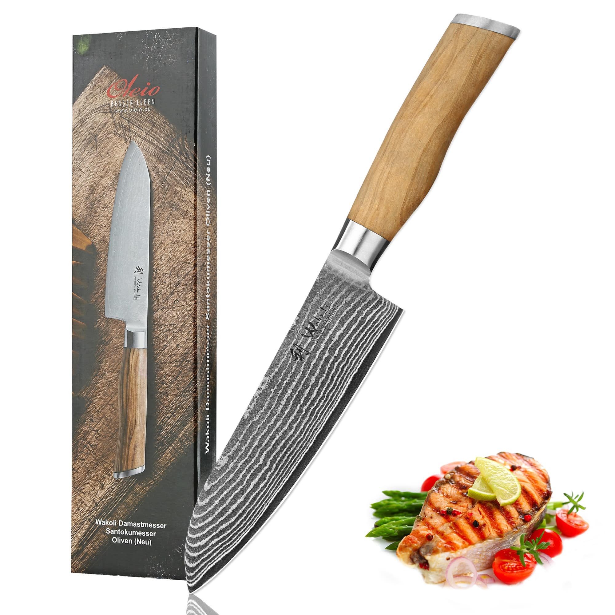 Santokumesser Wakoli Damast Santokumesser Klingenlänge 17,00 cm mit Olivenholzgriff