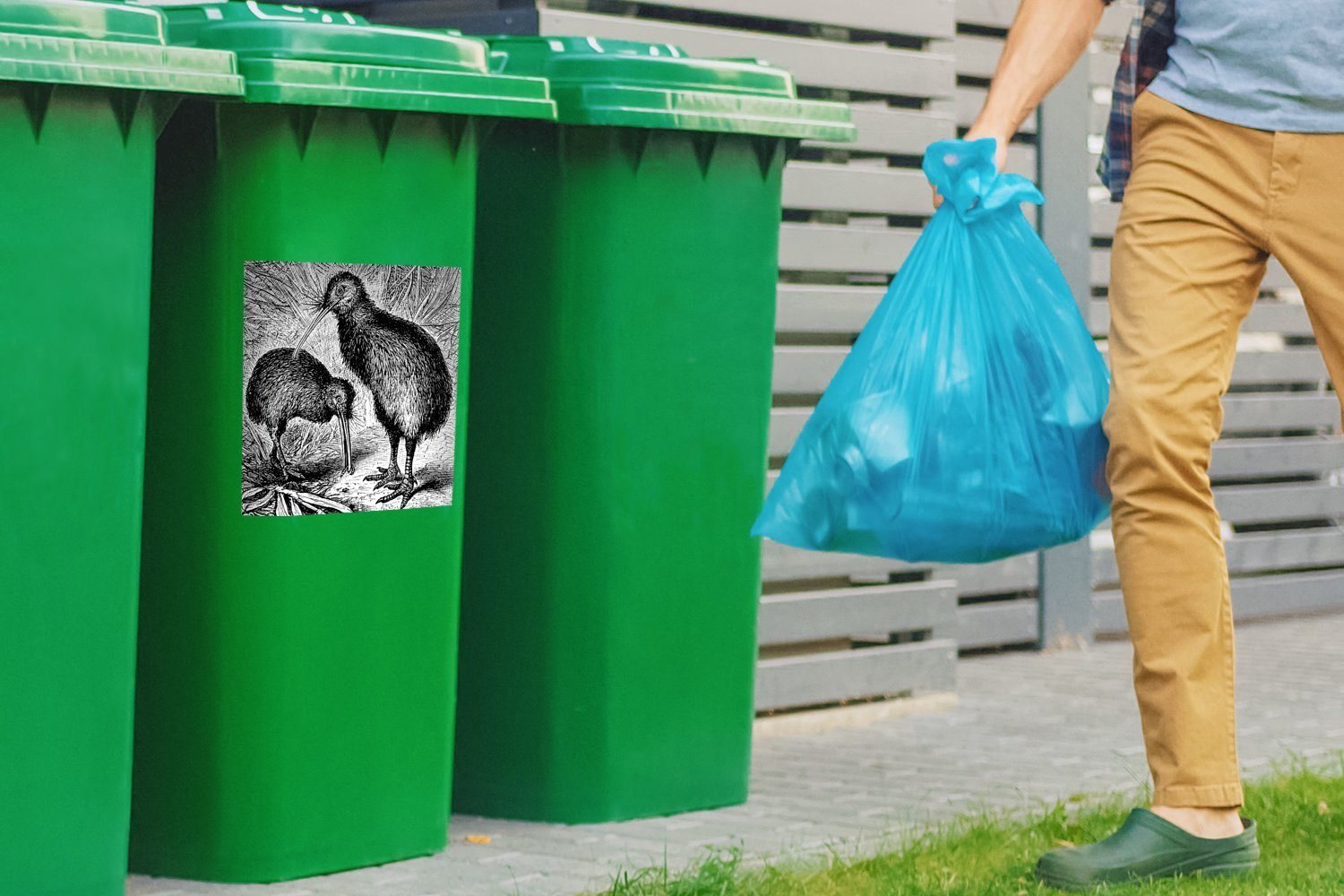 Mülltonne, Wandsticker MuchoWow (1 St), Schwarz-Weiß-Illustration von Kiwi-Vögeln zwei Mülleimer-aufkleber, Container, Abfalbehälter Sticker,