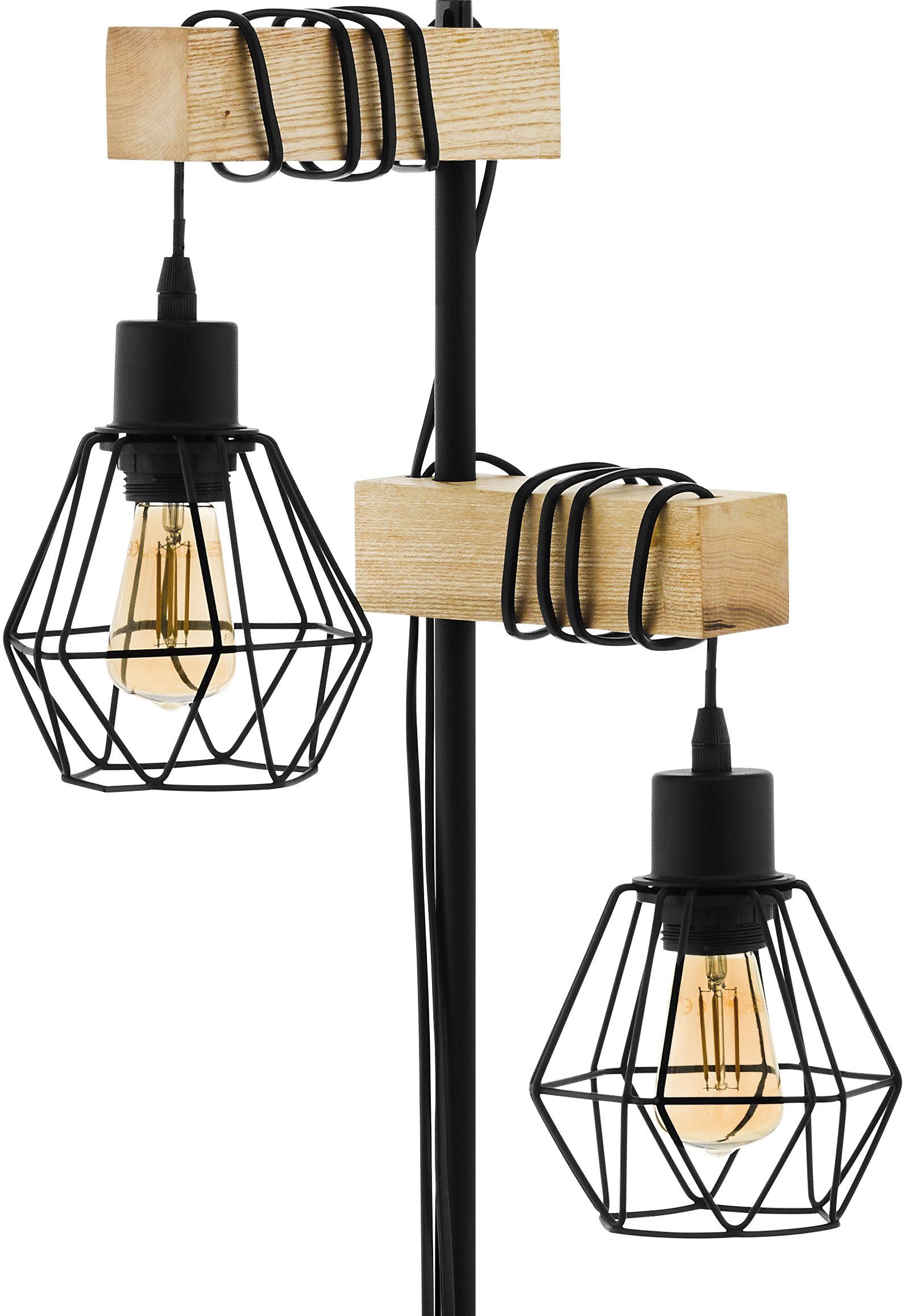 EGLO Stehlampe TOWNSHEND 5 Stehlampe, Stahl und Holz, E27, IP20, Flurlampe, Lampe, Ein-/Ausschalter, ohne Leuchtmittel, Stehleuchte, L40 x B25 x H166,5 cm, schwarz, braun, 2X60W exkl.