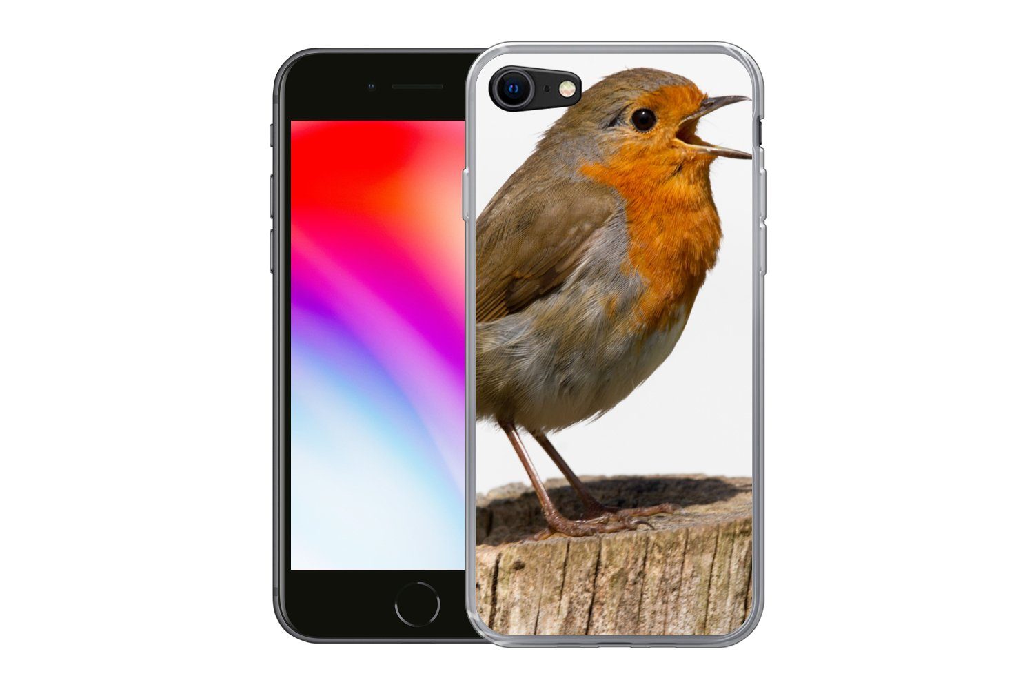 MuchoWow Handyhülle für Apple iPhone 8 Rotkehlchen - Vogel - Holz, Smartphone-Bumper, Print, Handy Schutzhülle Dünn