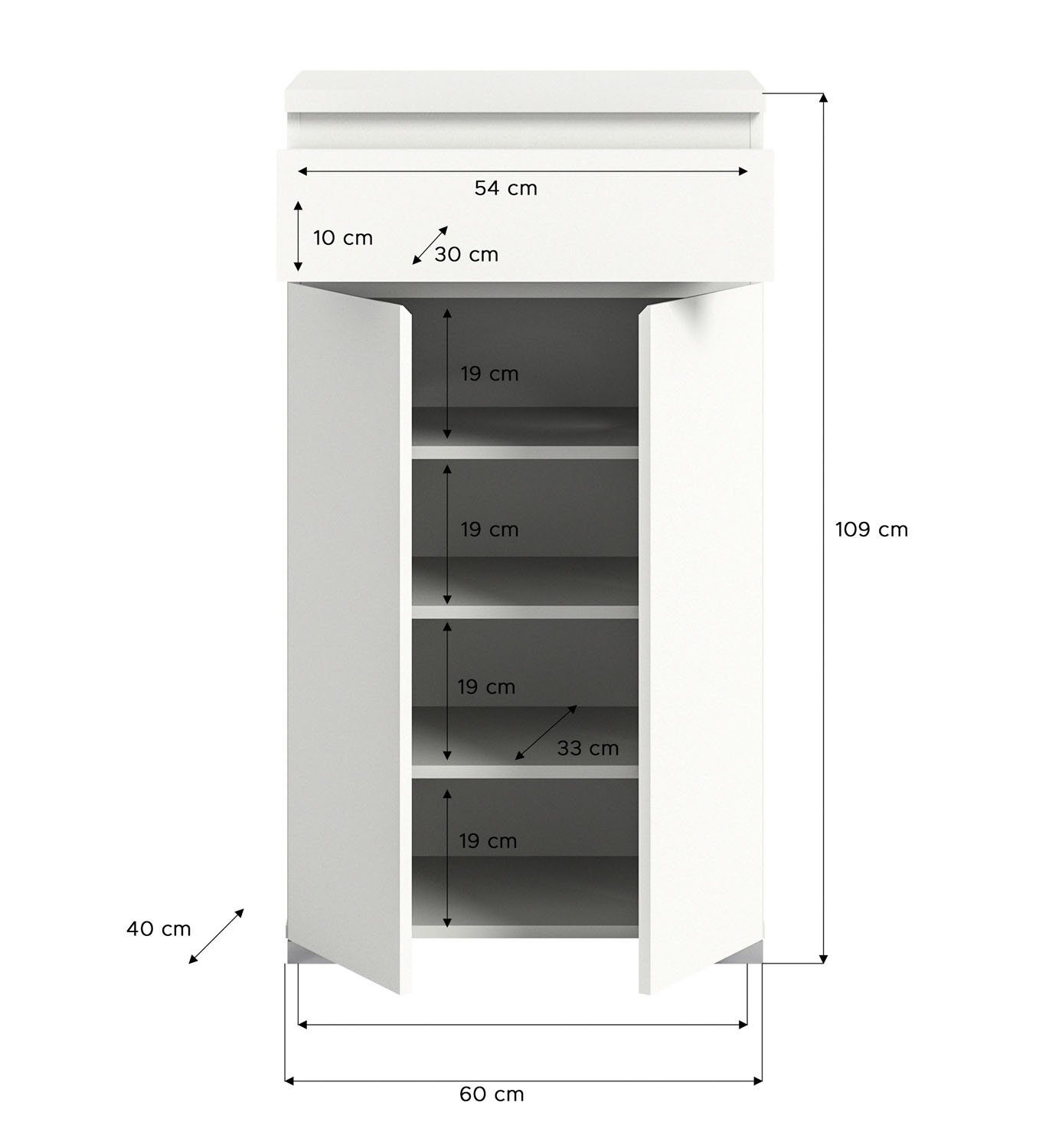 Kommode SHOELOVE, B 60 cm Weiß, 1 2 Türen, H Eiche Schublade Dekor, Nox cm, x 109