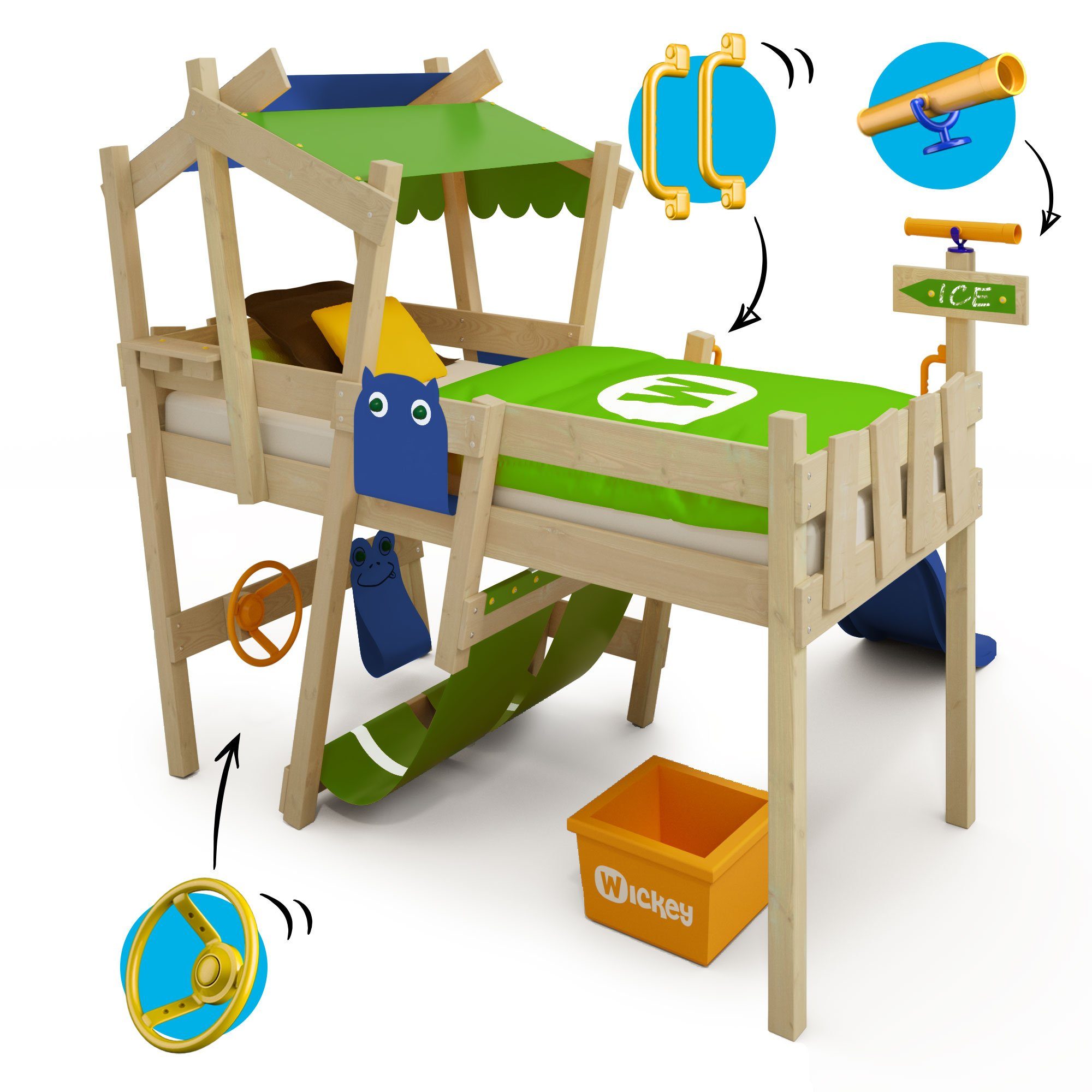 Wickey Kinderbett x Spielbett (Holzpaket Kinder), aus 200 mit cm, für Hutty Pfosten und Massivholzbett 90 Rutsche Brettern, Crazy Etagenbett Blau/Apfelgrün/Blau Spielbett 